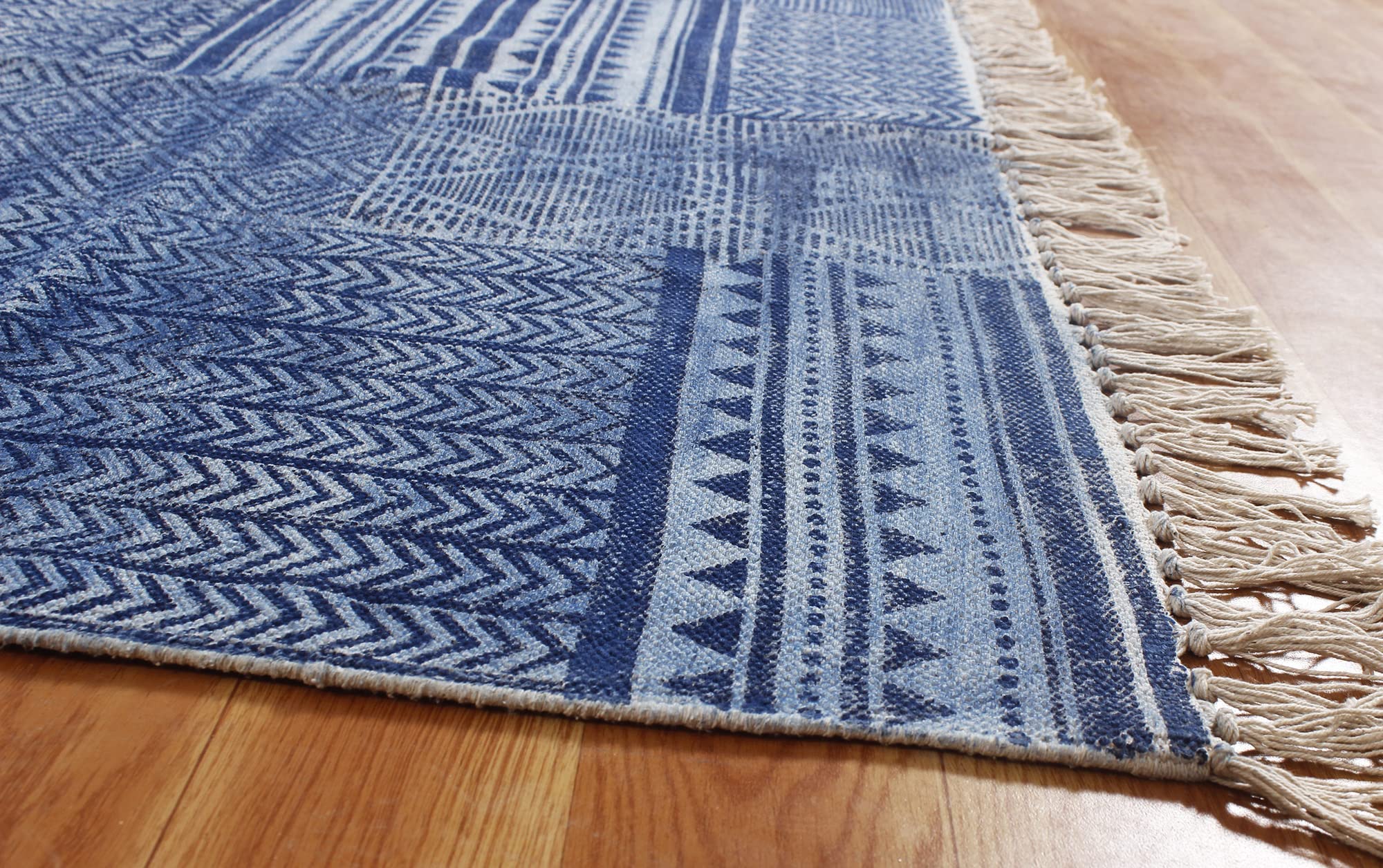 Tappeto indiano fatto a mano, 100% cotone, stampa astratta, blu, tappeto kilim, tappeto da bagno in cotone, tappeto per camera da letto, 180 x 240 cm