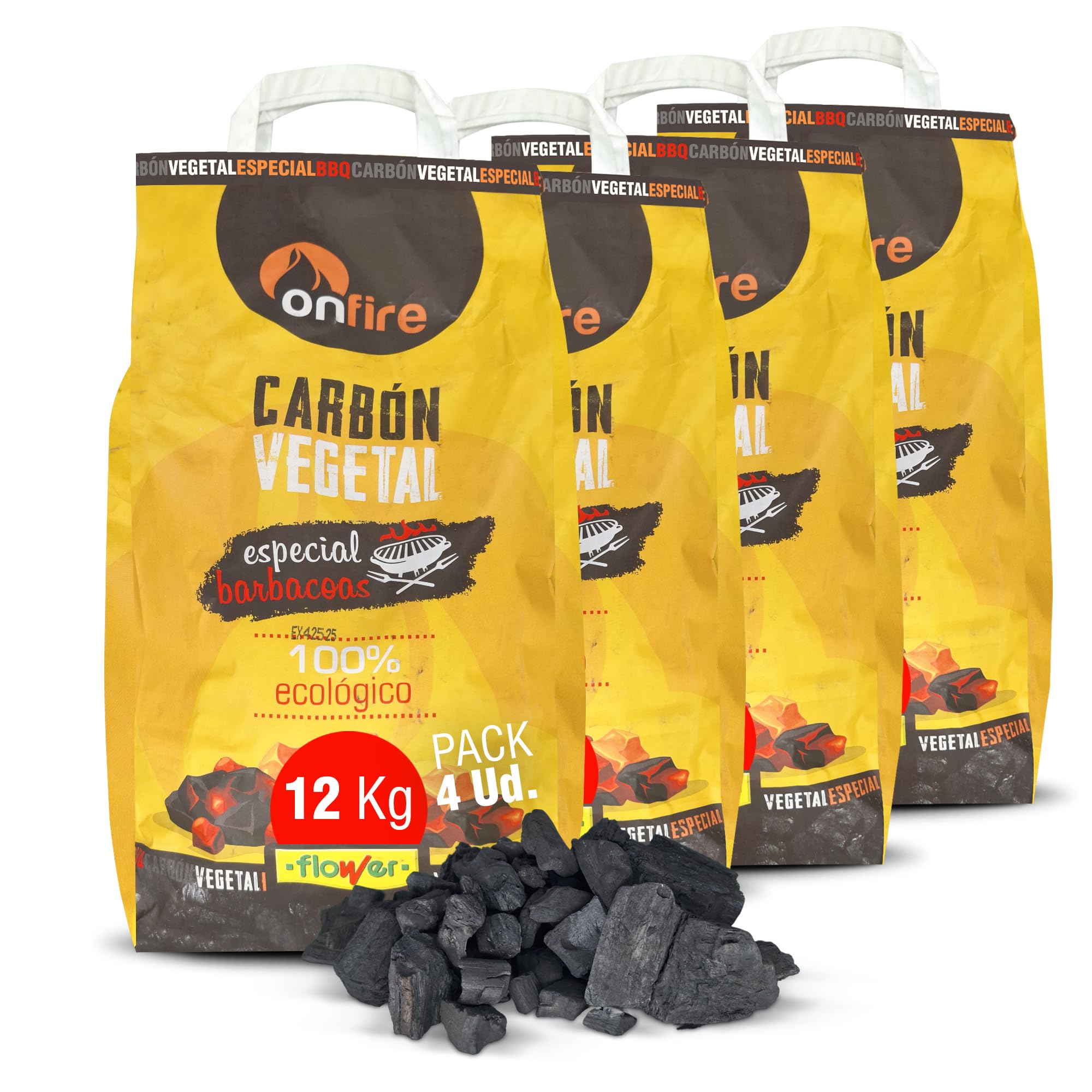 FLOWER Carbon Barbacoa Vegetal 100% Natural 12 KG | Carbón Barbacoas, Parrilas y Chimeneas Sin Humo, Sin Aditivos Químicos Ni Minerales | Alto Poder Calorífico | Encendido Rápido y Fácil (12 KG)