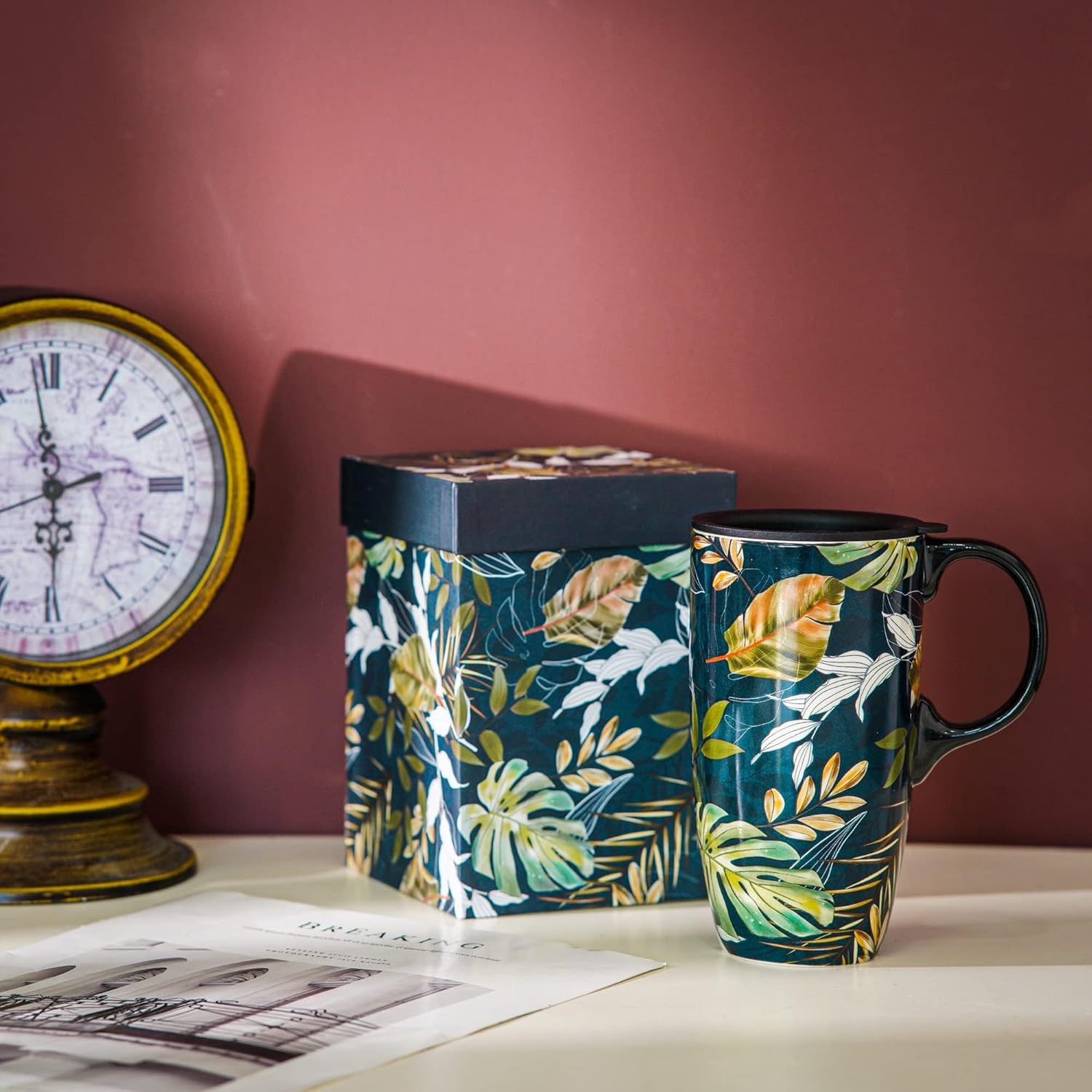 Topadorn Ceramic Mug with Lid, 17oz Porcelain Coffee Cup with Leaf Design for Tea and Latte - Image 6