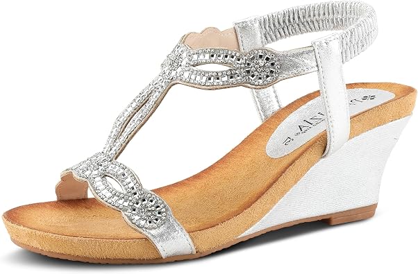 PATRIZIA Womens Shining Slip-On Wedge Sandals Crystal Embellished Cut-Out Design ladies slides with Comfy Silky Wrap and Flexible Rubber Sole