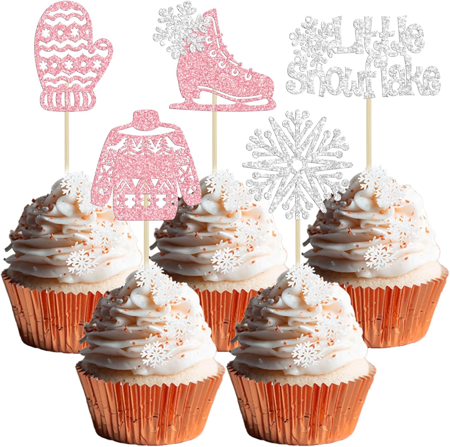 Amazon.com: 30Pcs Snowflake Cupcake Toppers Pink Glitter Winter ...