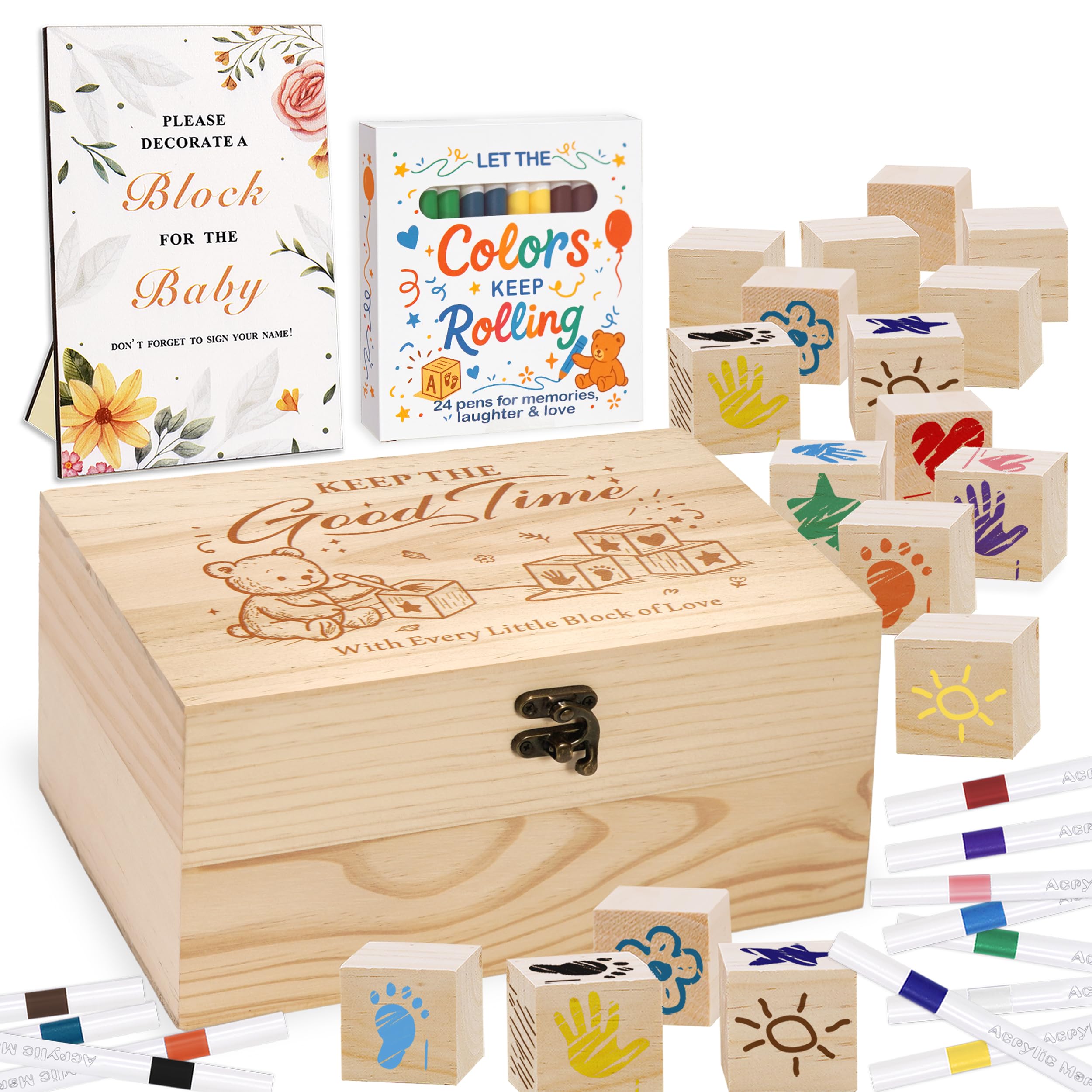 Amzsudy 78 PCS Shower Games Sign Kit for Boys Girls Wooden Box and Sign, Blank Wooden Blocks for DIY Drawing Markers