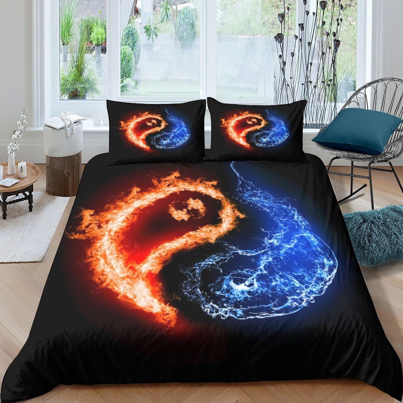 Ctjqhvkz Style-3 3D Printed Fire And Water Yin Yang Fitted Sheet Microfiber Soft Anti-Slip Bed Cover For Bedroom Guest Room Dorm Decor Single（135X200cm）