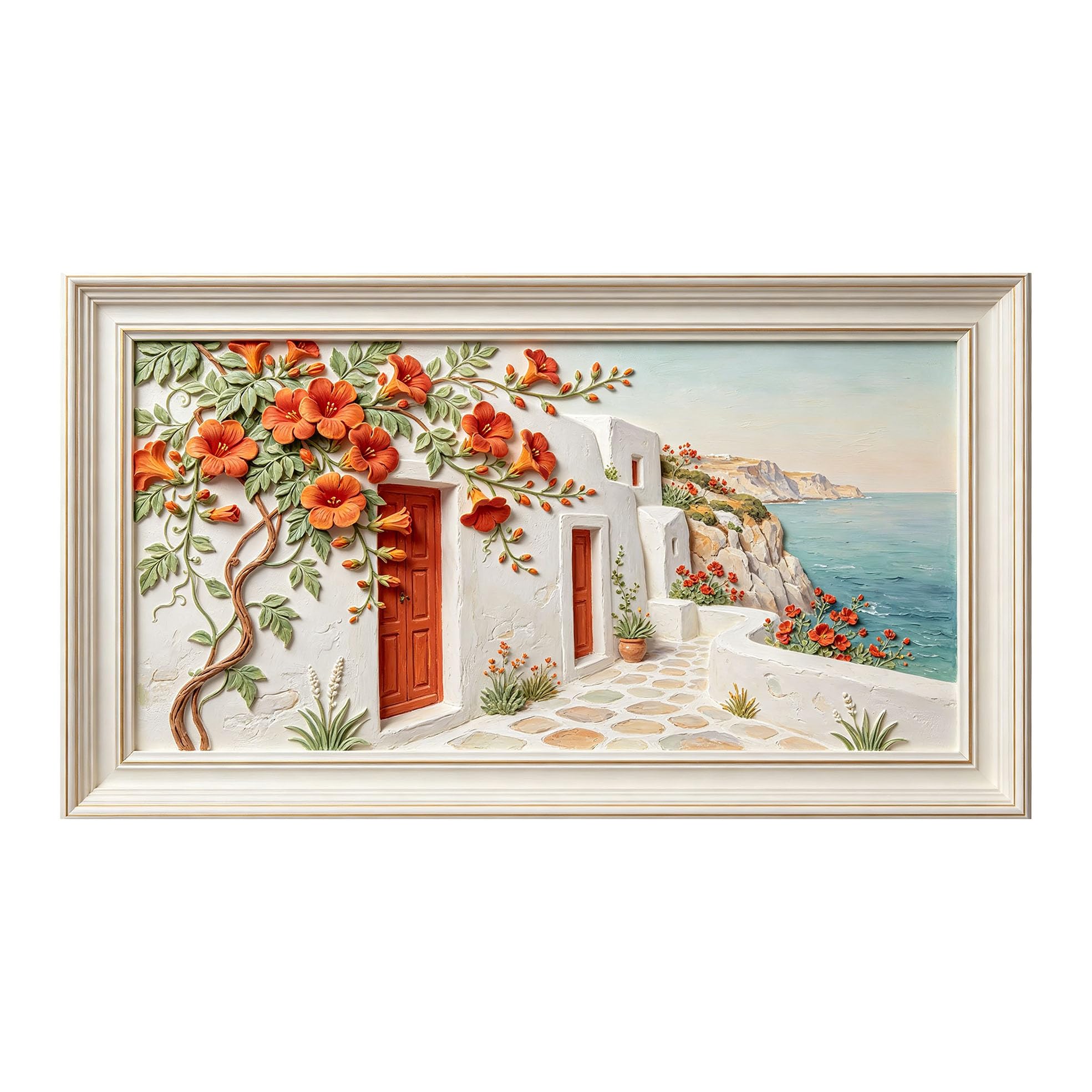 Murasolite 3D Framed Wall Art Mediterranean Coastal Village Floral Relief SelfAdhesive Fabric Mural Wall Decor， Peel and Stick No Damage to Wall， AntiFall Safe Design for Bedroom Living Room
