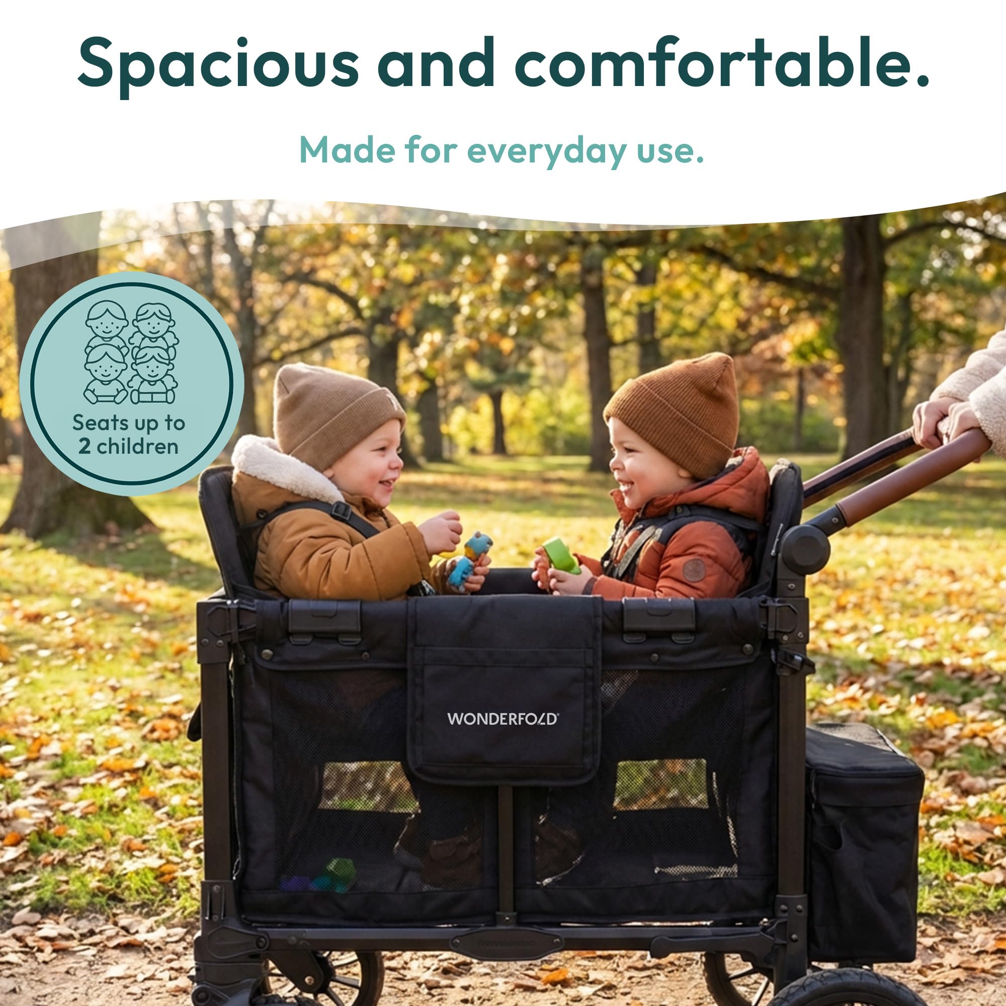 WONDERFOLD W2 Luxe Pro Passeggino (2 posti) – Passeggino pieghevole con sedili con cinture di sicurezza a 5 punti e tettuccio parasole regolabile, nero corvino