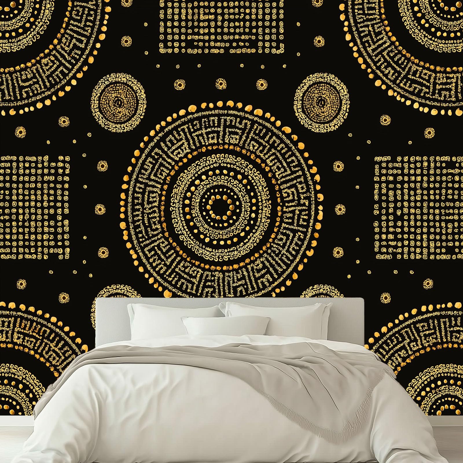 Geometryczna tapeta plemienna panoramiczna w kropki, okrąg etniczny 200 x 140 cm, czarny, gigantyczny plakat ścienny, efekt 3D Trompe l'oko, dekoracja ścienna do salonu, pokoju dziecięcego i jadalni
