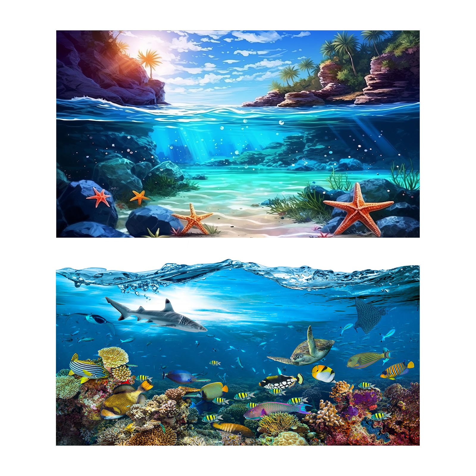 2 Packs Underwater World Fish Tank Background Tropical Maine Turtle Shark Coral Reef Aquarium Background Blue Sky Seashore Island Under The Sea