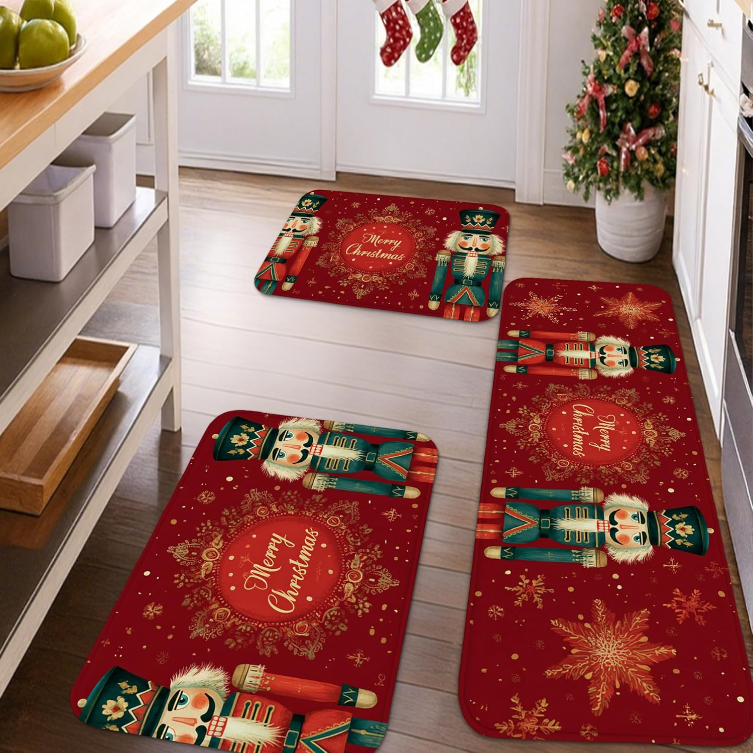 Nutcracker Kitchen Mats for Floor, Festive Holiday Design Soft Mats, Cushioned Comfort Washable Non Slip Decor Rugs for Kitchen Sinks Laundryroom Bathroom 3pcs