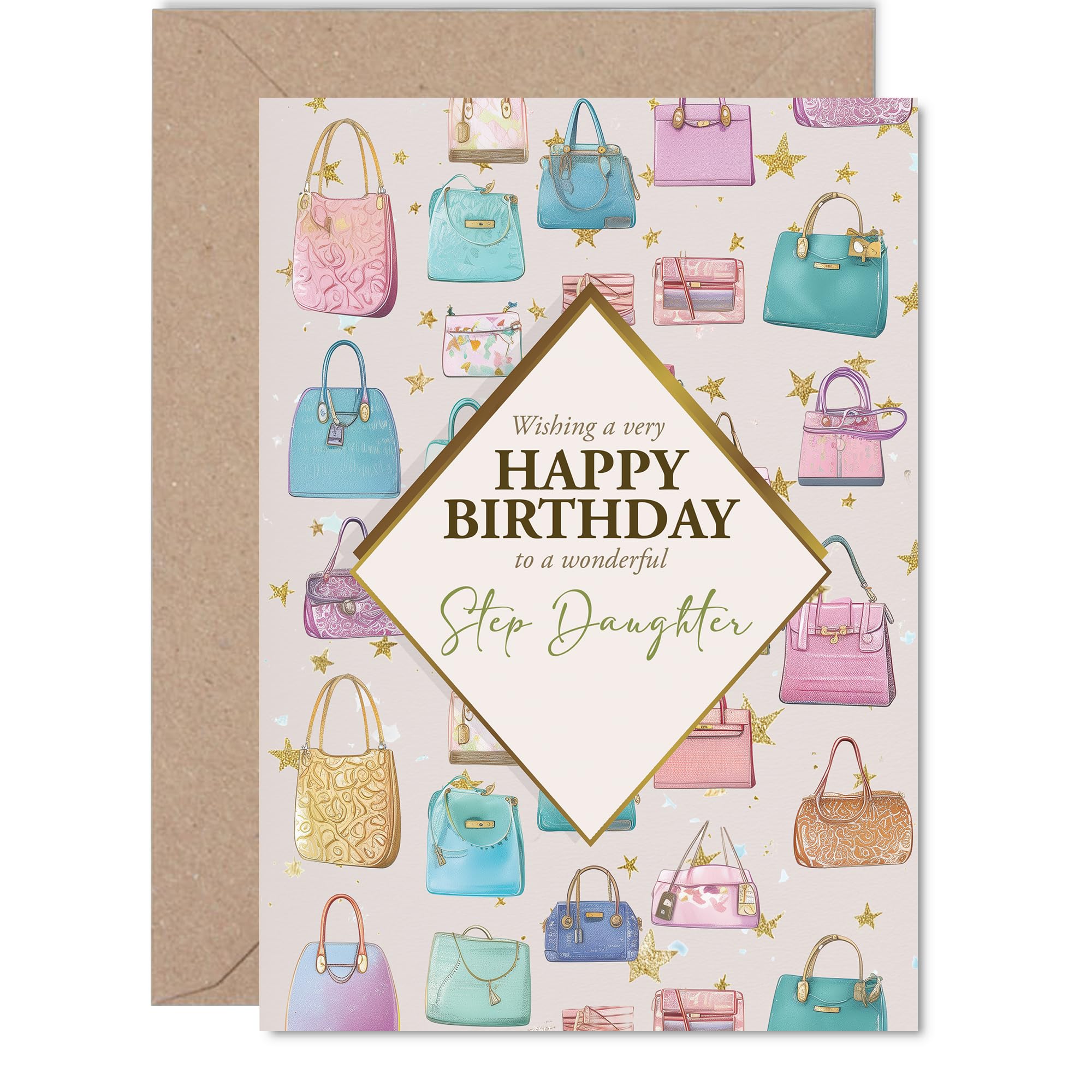 Step Daughter Birthday Card - Luxury Handbags - Happy Birthday Card for Step Daughter from Dad Mum, 5x7 Inch Fashion Bags Bday Greeting Cards