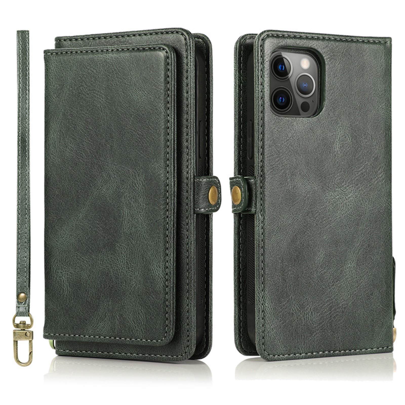 Etui kompatybilne z iPhone 12/12Pro (6,1"), zdejmowane 2 w 1 etui z klapką ze skóry magnetycznej z przegródkami na karty, wielofunkcyjne etui na telefon do iPhone'a 12/12Pro, zielone