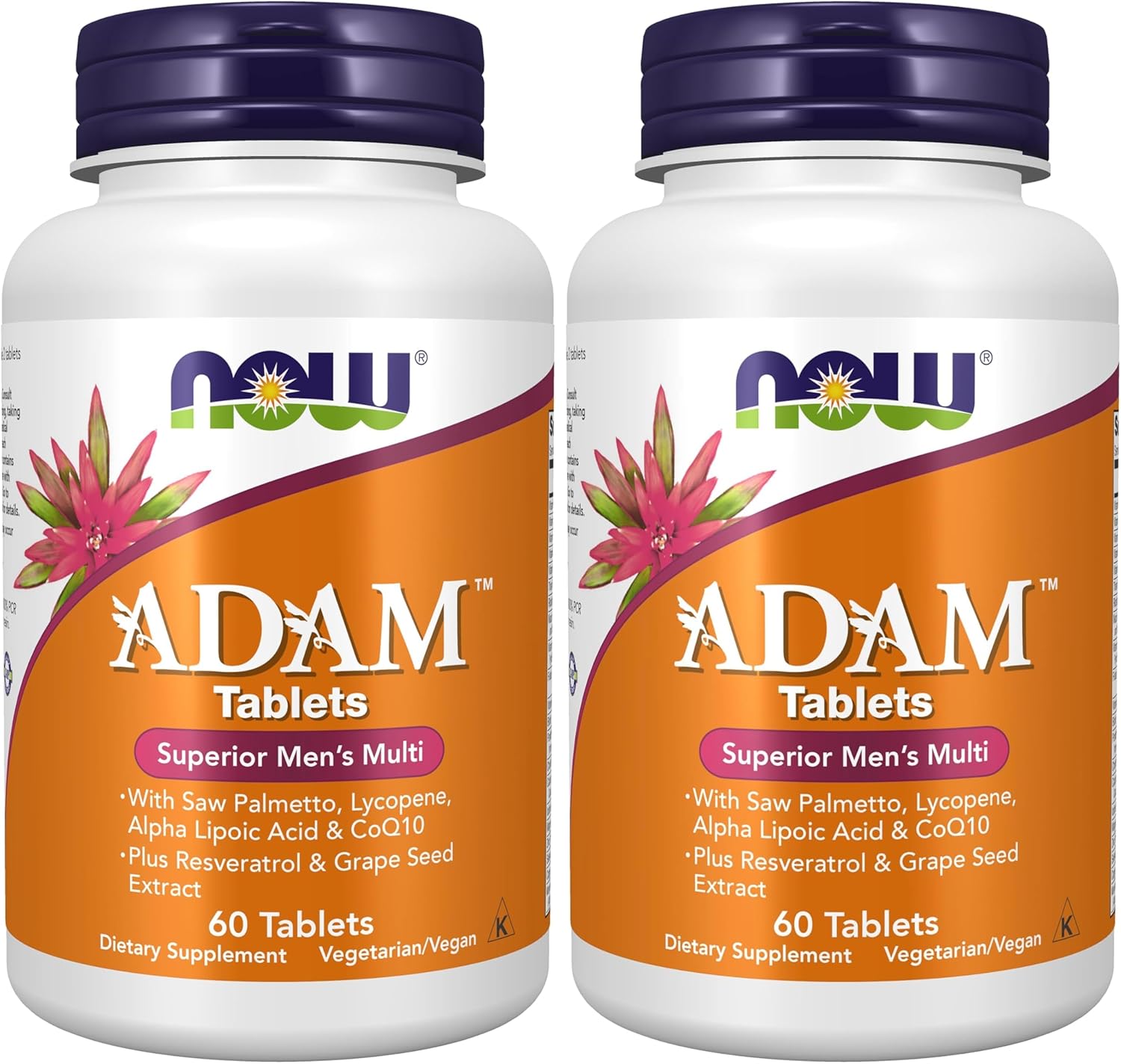 NOW Supplements, ADAM™ Men's Multivitamin with Saw Palmetto, Lycopene, Alpha Lipoic Acid and CoQ10, Plus Natural Resveratrol & Grape Seed Extract, 60 Tablets (Pack of 2)