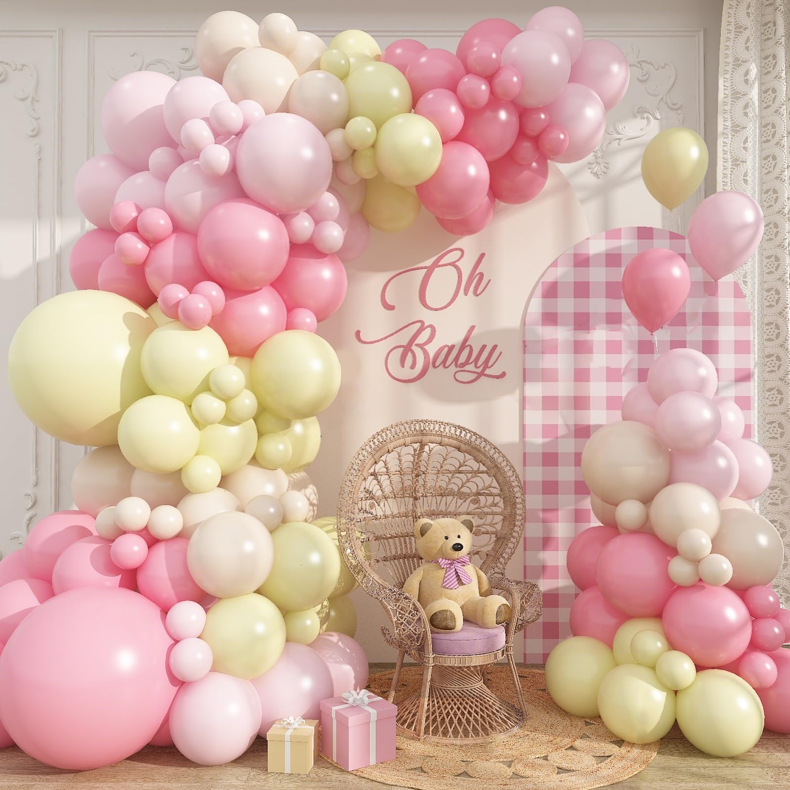 Pink and Yellow Balloon Arch Kit Pastel Light Pink Yellow Sand White Balloons Garland Kit for Girls Cartoon Bee Bear Themed Birthday Bridal Baby Shower Wedding Spring Holiday Party Decorations 119Pcs โ image 1