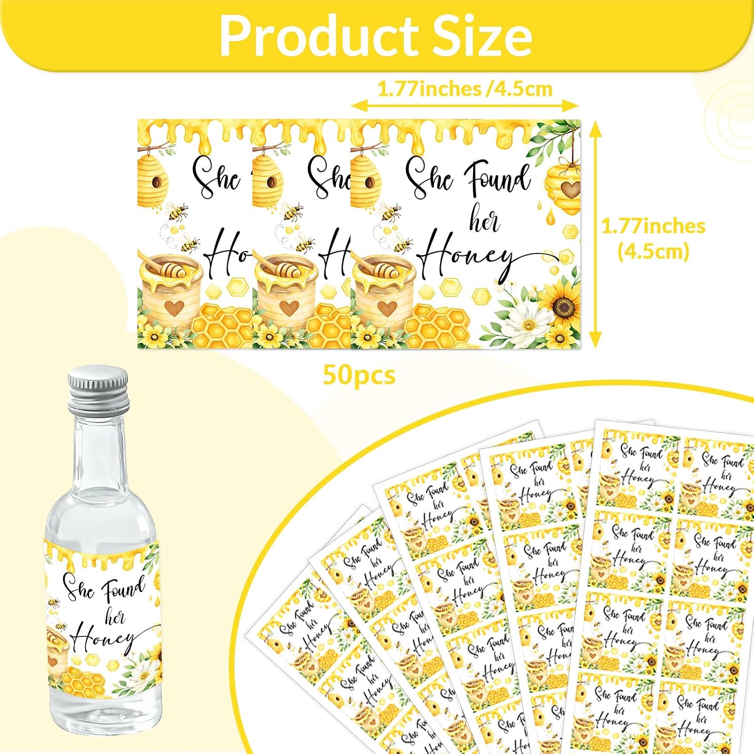 She Found Her Honey Mini Wine Bottle Labels 50PCS, Bumble Bee Bachelorette Party Decorations Mini Bottle Sticker Wraps for Honey Bee Table Decor Bridal Shower Favors