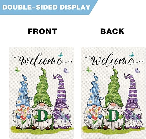 Miniatura 10 de YOVOYOA Bandera de jardín con monograma de flores de gnomos de primavera, bandera de bienvenida de primavera con texto en inglés Hello Spring con