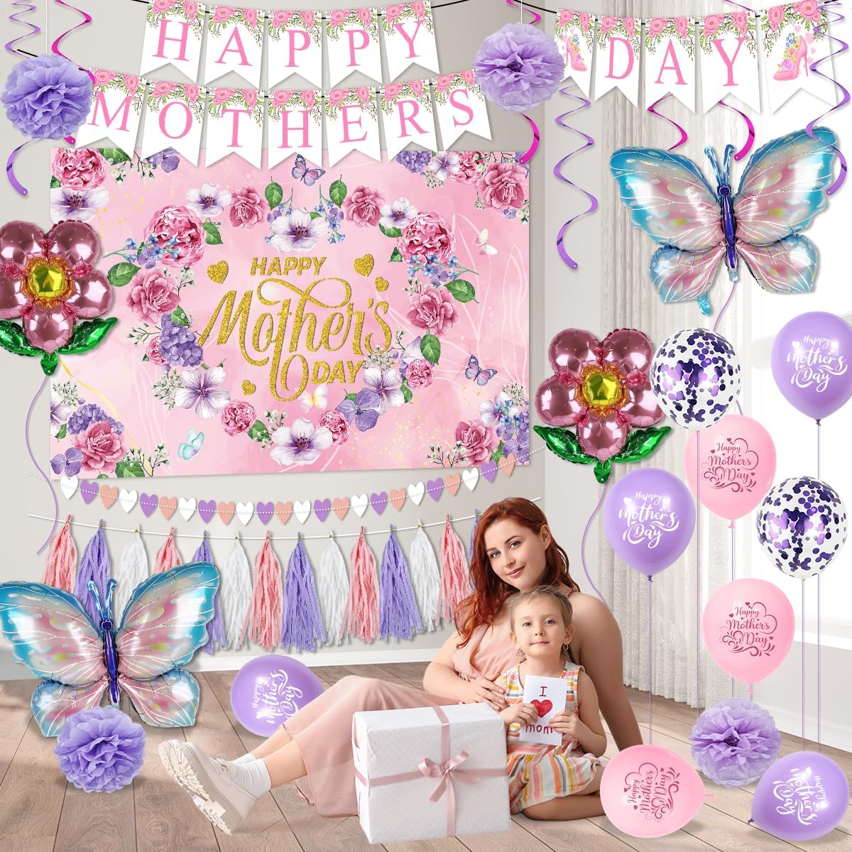 Mothers Day Decorations Pink Purple Happy Mother's Day Backdrop Banner Butterfly Flower Balloons Paper Pom Poms Hanging Swirls Decorations for Mothers Day Party Supplies