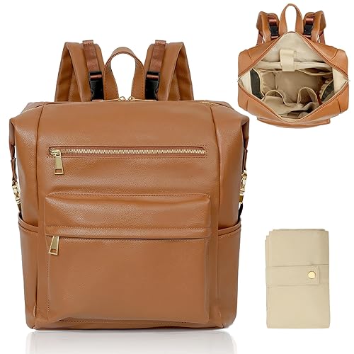 Mochila para pañales de cuero con 17 bolsillos, bolsa de pañales de viaje para bebé, 4 bolsillos aislados, correas para cochecito, cambiador, color