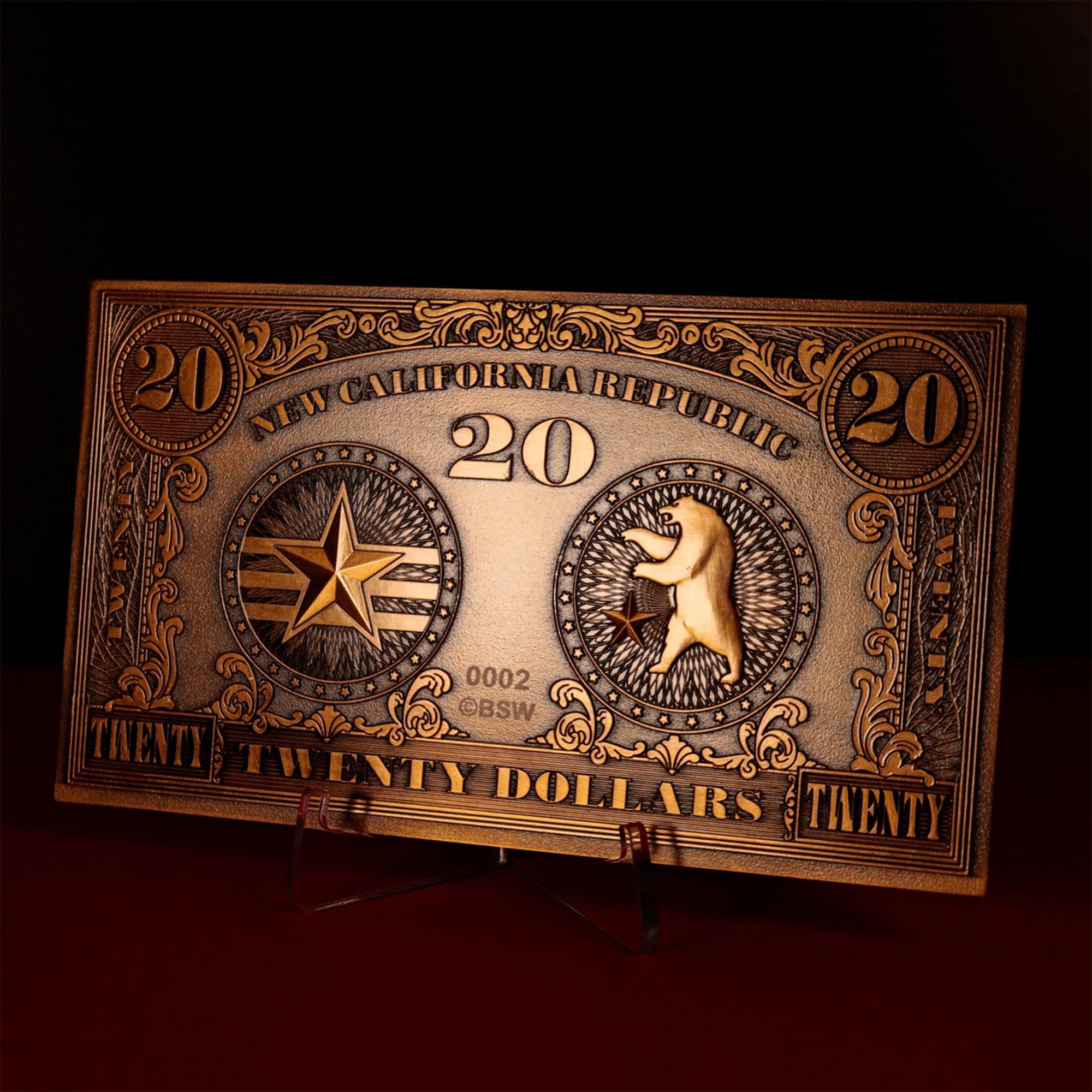 FaNaTtik Fallout: New Vegas NCR $20 Metal Replica In-World Bill - Edizione limitata in metallo da collezione, numerata, espositore incluso