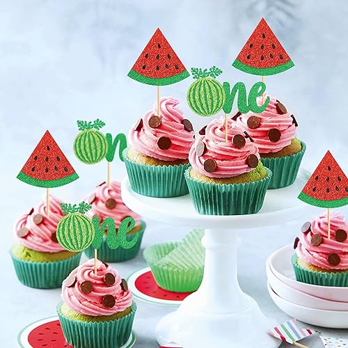 Miniatura 3 de Ercaio - Paquete de 24 piezas de decoración para cupcakes de sandía con purpurina uno en un melón, selecciones de sandía para magdalenas, temática
