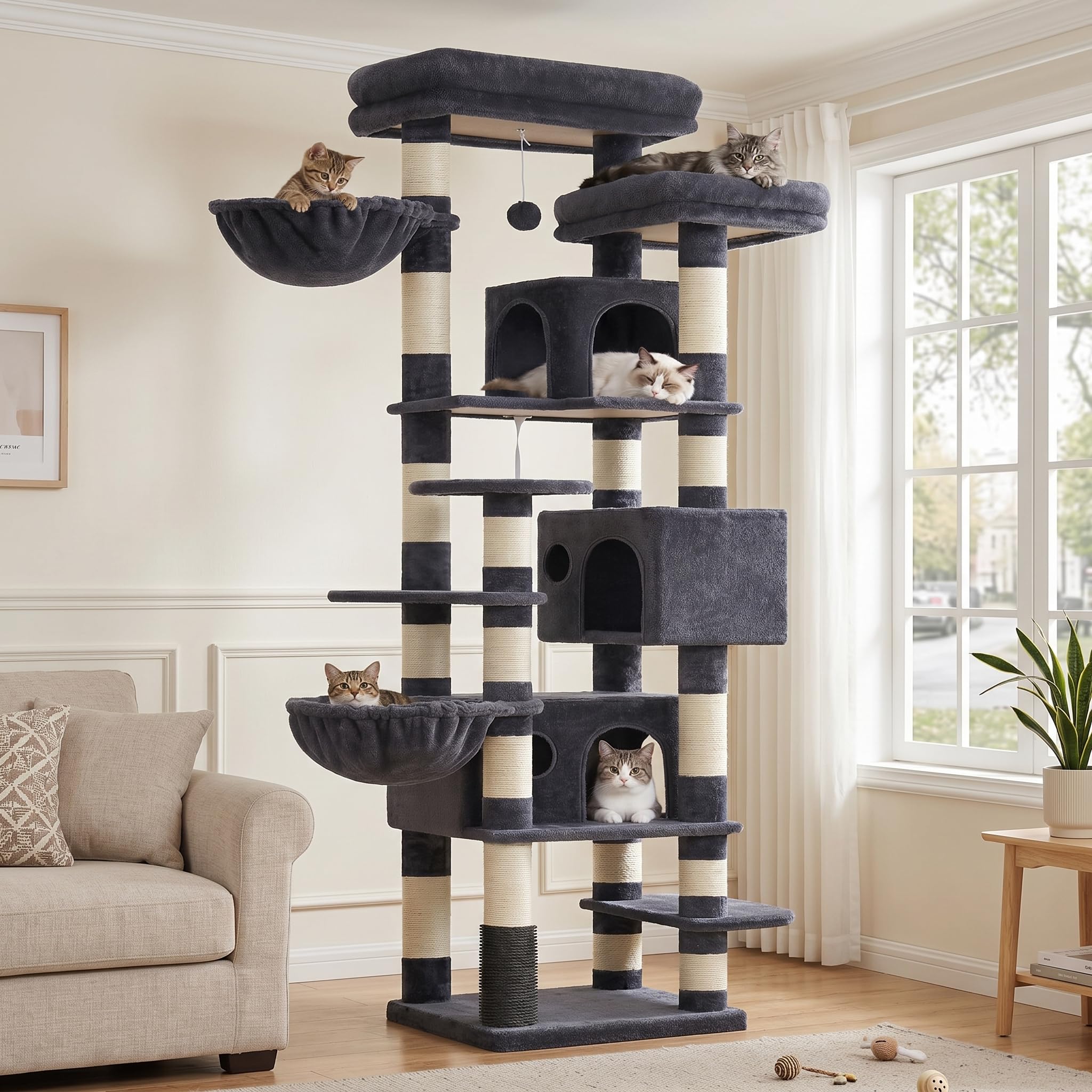 Hey-brother Cat Tree, 188 cm Multi-Level XL Large Cat Tower for Indoor Cats with Three Cat Condos, Two Large Top Decks and Cat Hairbrushfor Kittens, Cats and Pets, Smoky Gray MPJ035-MG