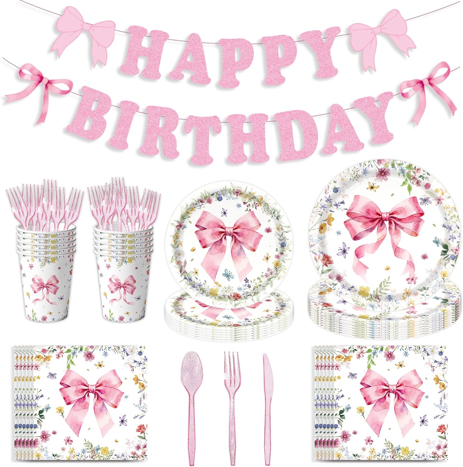 Pink Bow Happy Birthday Decorations Set for 24: Bachelorette Party Supplies Kit with Dinner & Dessert Plates, Napkins, Cups, Banner, Tablecloth - for Women's Tea Birthday Party Decorations