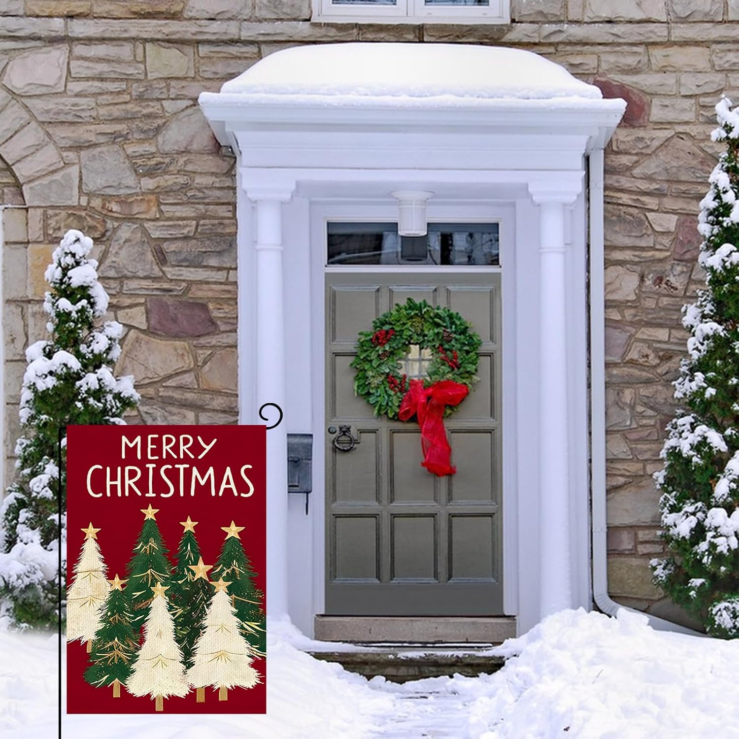 Merry Christmas Garden Flag 12x18inch Christmas Tree Snowflake Vertical Double Sided Winter Yard Lawn Decor Holiday Yard Flag Red Garden Flag Outdoor House Decoration - Image 6