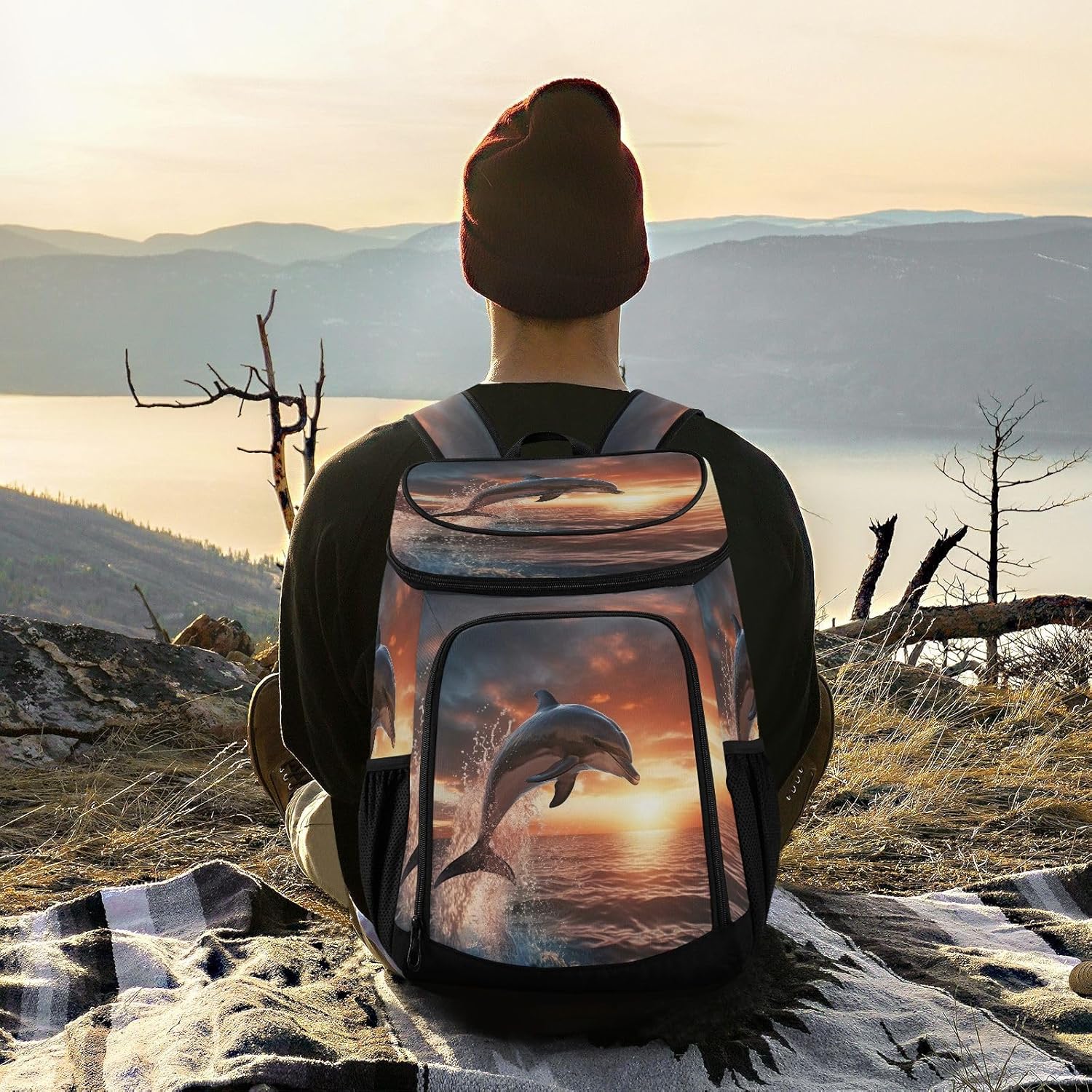 Diving Dolphin Sunset Cooler Backpack 36 Cans Leakproof Waterproof Backpack Cooler Bag Beach Accessories Travel Camping Fishing Backpack for Women Men