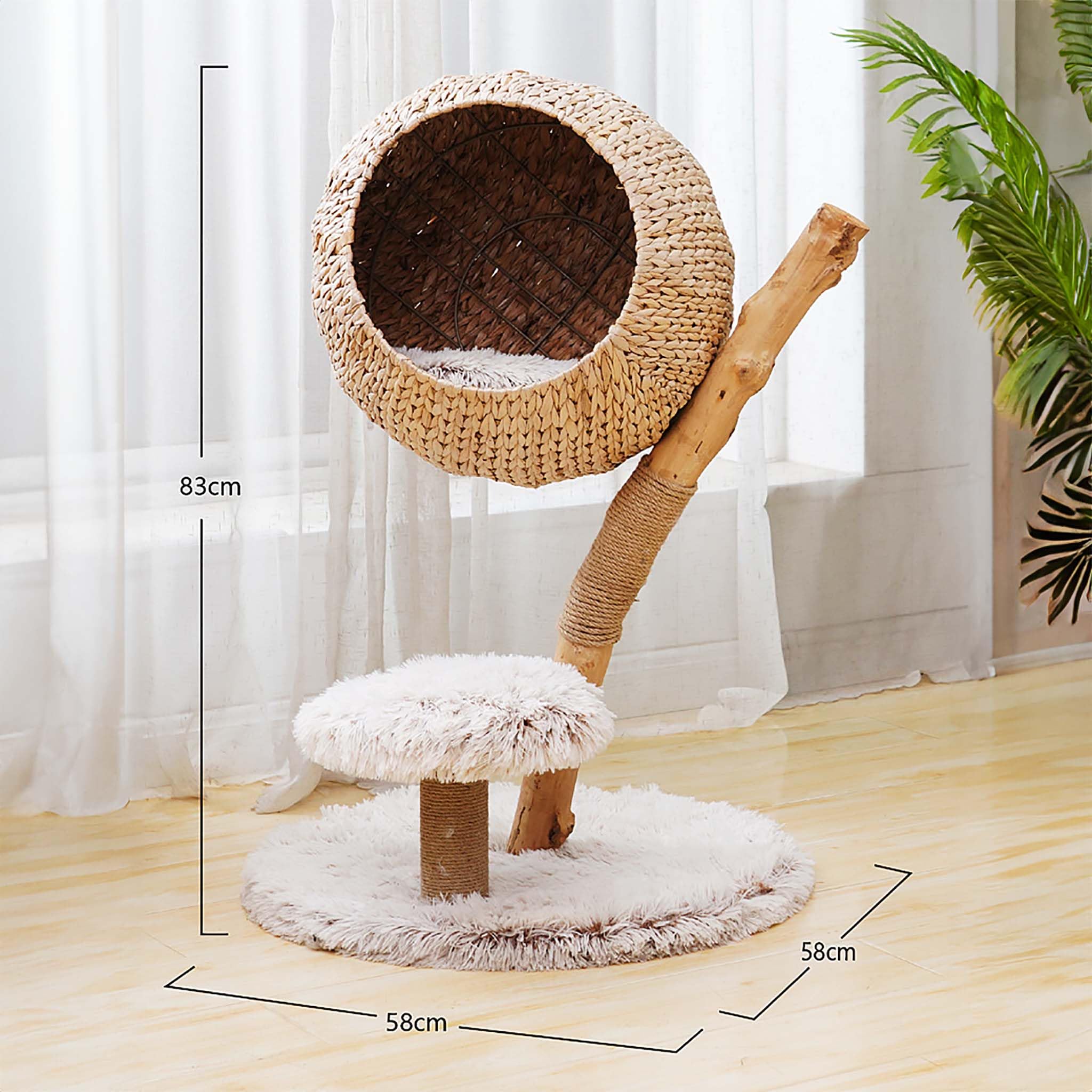 Fudajo Kratzbaum Zweigdesign mit Katzenkorb 83 cm hoch, Designer Katzenkratzbaum mit Liegekorb in Flecht-Optik, Katzenbaum aus Holz mit Plüsch