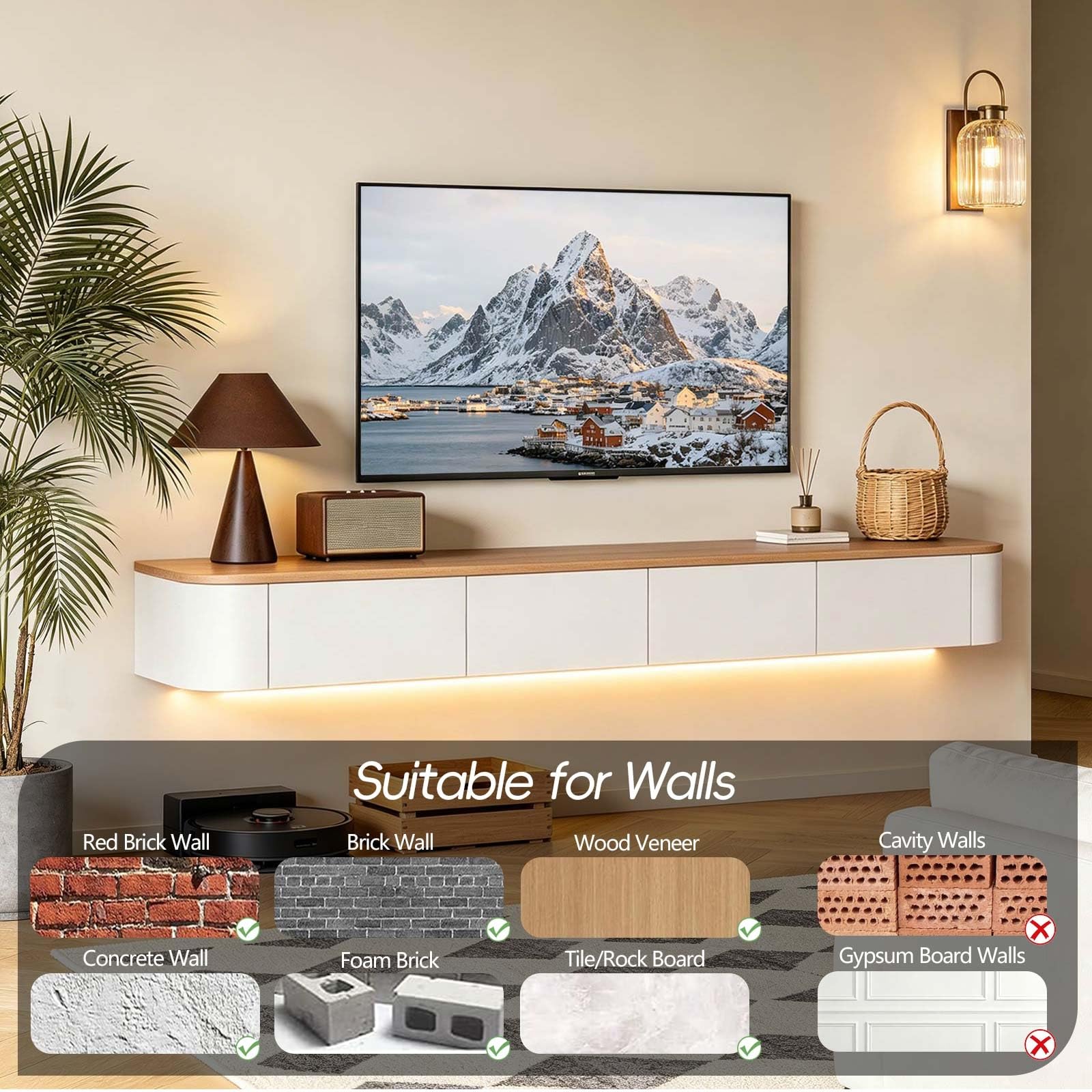 Meuble TV moderne en noyer noir avec tiroirs de rangement, meuble de divertissement mural en bois pour salon, chambre à coucher, bureau - 140-200 cm (blanc et 120 cm)