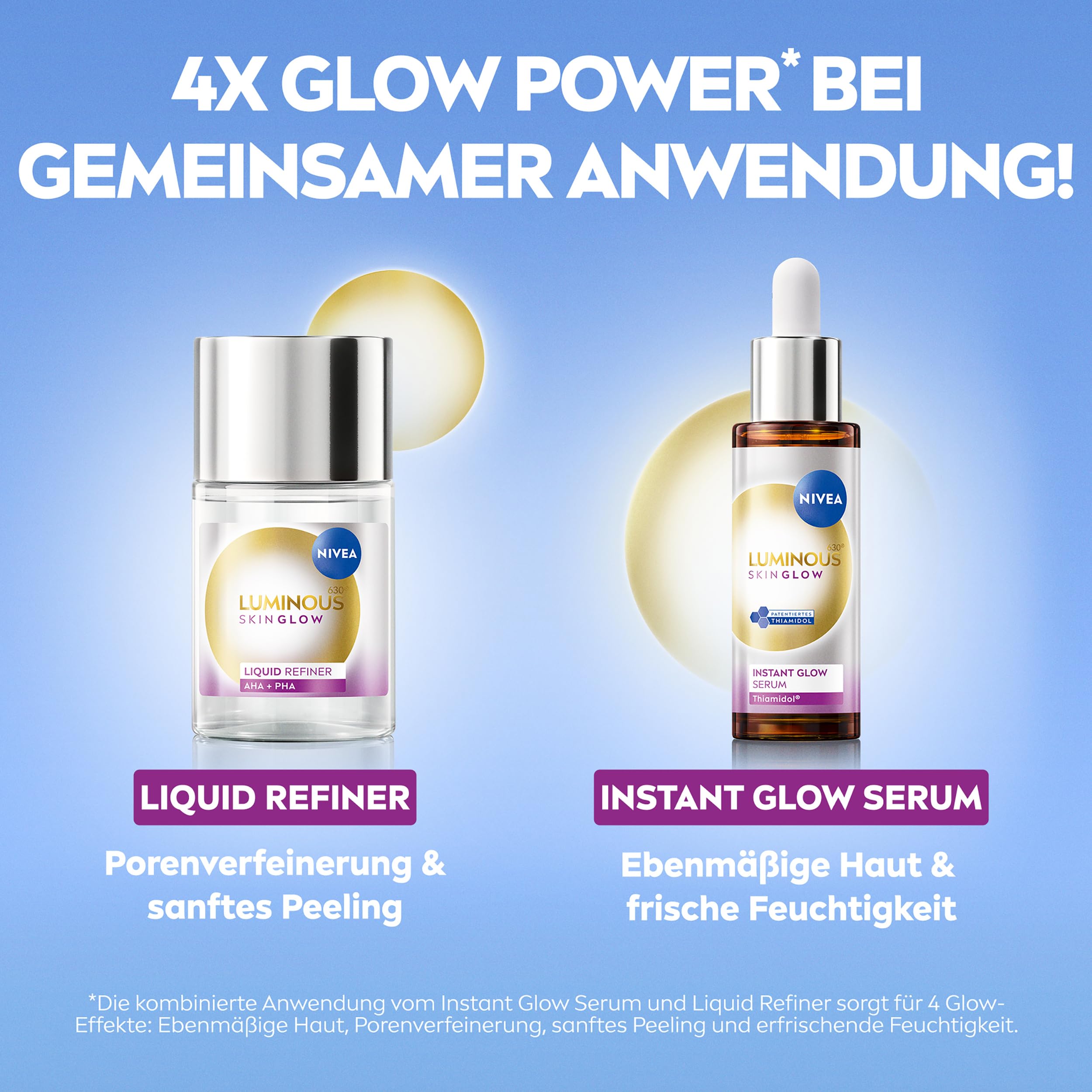 NIVEA Luminous630 Skin Glow Set, Gesichtspflege Set mit Feuchtigkeitsserum (1 × 30 ml & 1 × 15 ml) und Liquid Refiner (100 ml), Gesichtsserum und AHA Peeling für strahlende Haut
