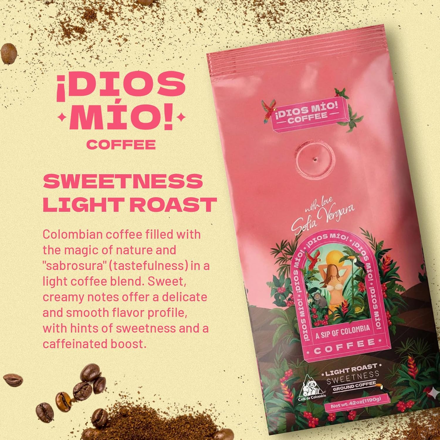 Dios Mio Coffee by Sofia Vergara, Light Roast, Ground Premium Colombian Coffee, 42 Ounce Bag
