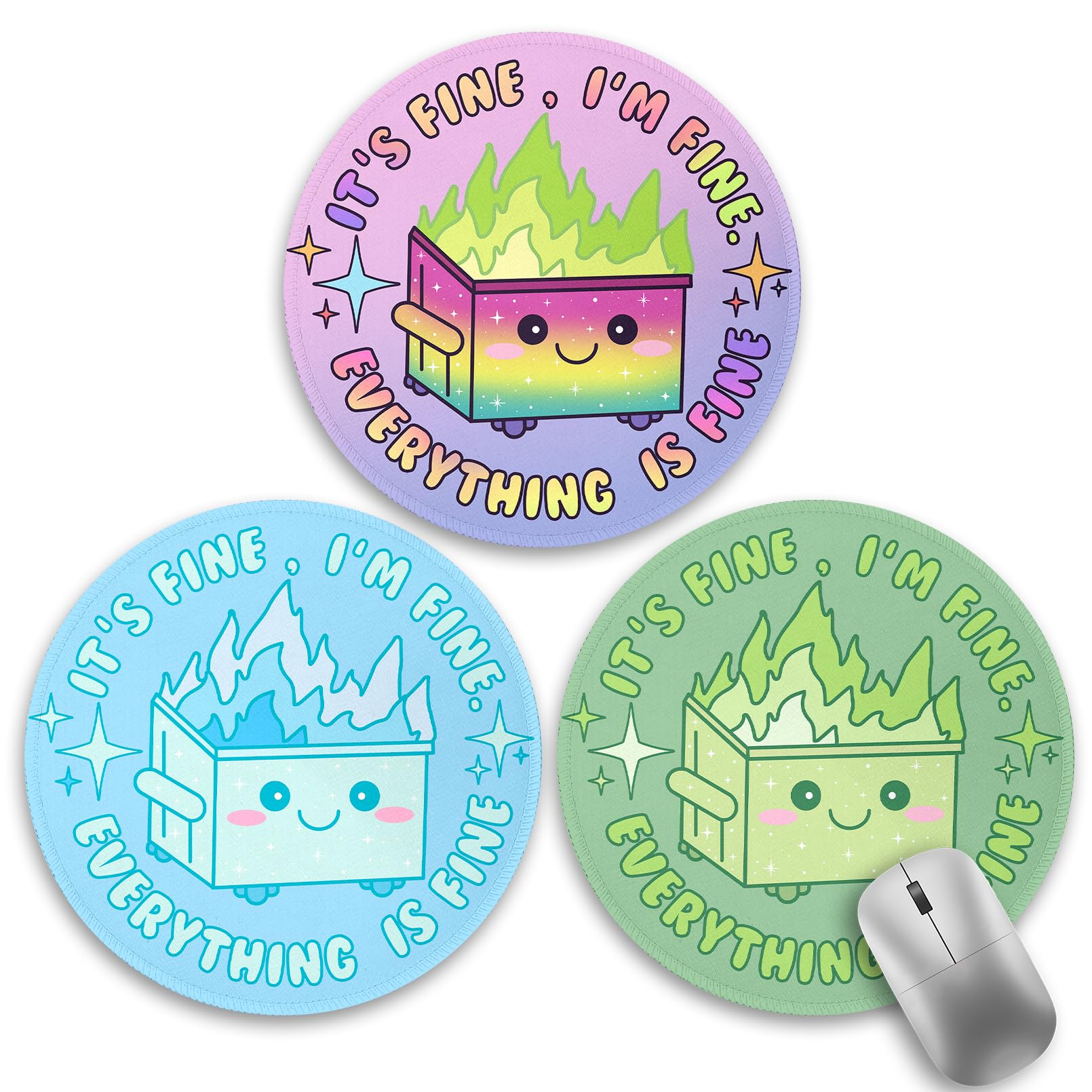 Gctriki 3 Pack Dumpster on Fire Mouse Pad, Cute Round Mouse Pads for Desk, Funny Dumpster Mousepad for Laptop Gaming, Stitched Edge Non-Slip Rubber Base, Cute Office Desk Accessories Decor for Women