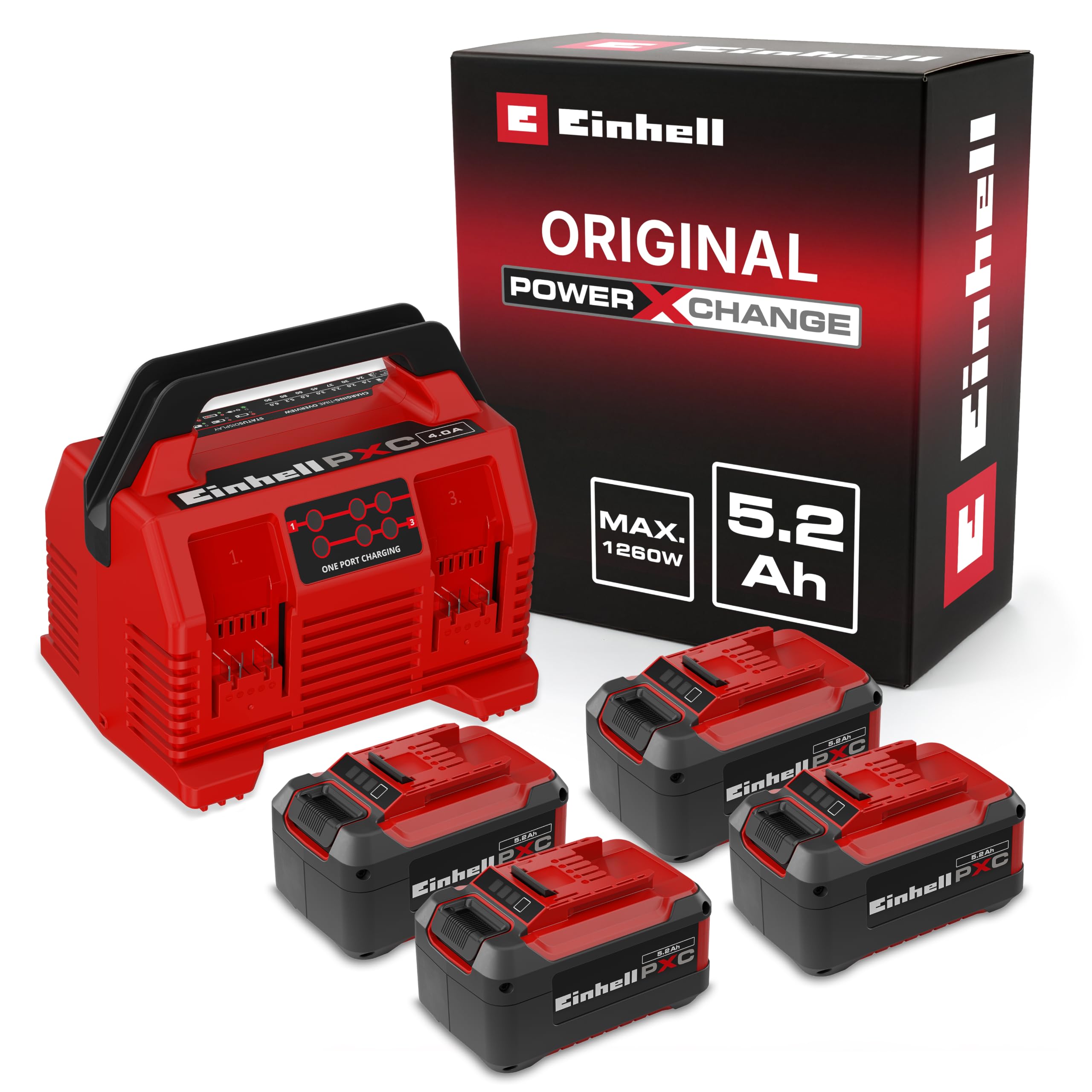 Original Einhell Kit PXC 4X 5,2 Ah & Quattrocharger 4 A | PXC | 18 V | 1260 W | 4x 5,2 Ah Akku | 4-Ampere-Ladegerät | 2x2 Akkus parallel laden
