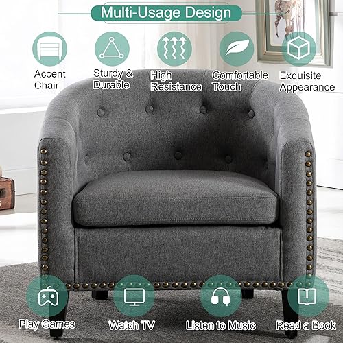 Miniatura 35 de Goujxcy Sillón de barril estilo club para sala de estar, acogedora y moderna silla de microfibra con cabeza de clavos y patas de madera maciza para