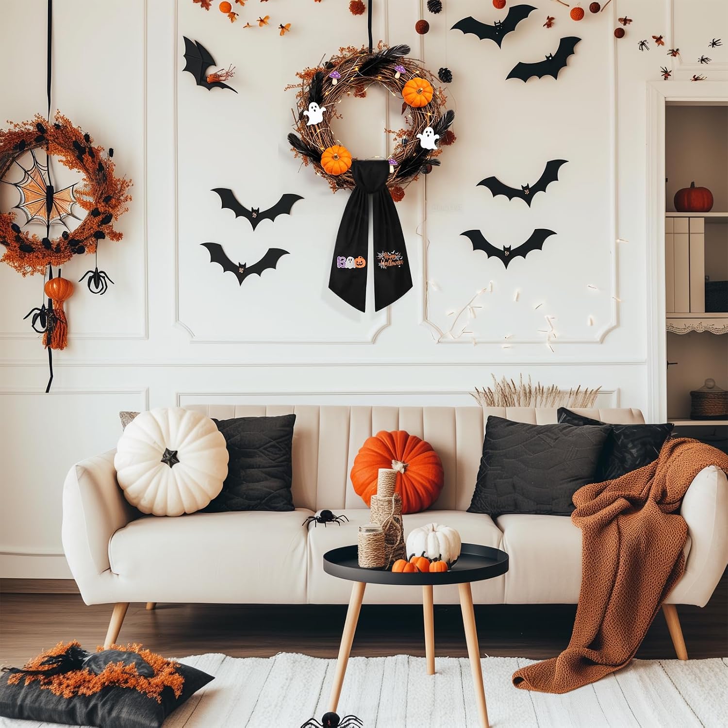 2 Pcs Halloween Wreath Sash for Front Door Boo Ribbon Sash Black Embroidered Wreath Bow for Halloween Party Yard Indoor Outdoor Porch Decor