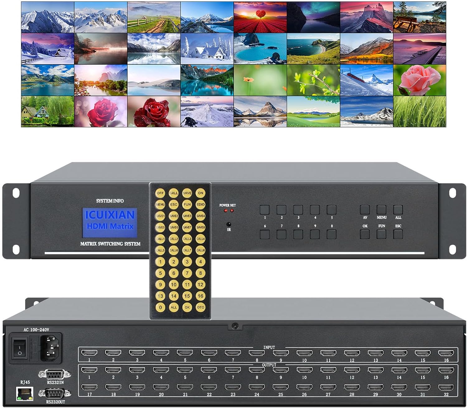 16x32 HDMI Matrix Switch 4K@30Hz with Web GUI w/Rs232-LAN Port Control, Rackmount HDMI Matrix 16x32 Support EDID, HDCP, Backlit Button, LED Screen displays (16 Input 32 Output Matrix)