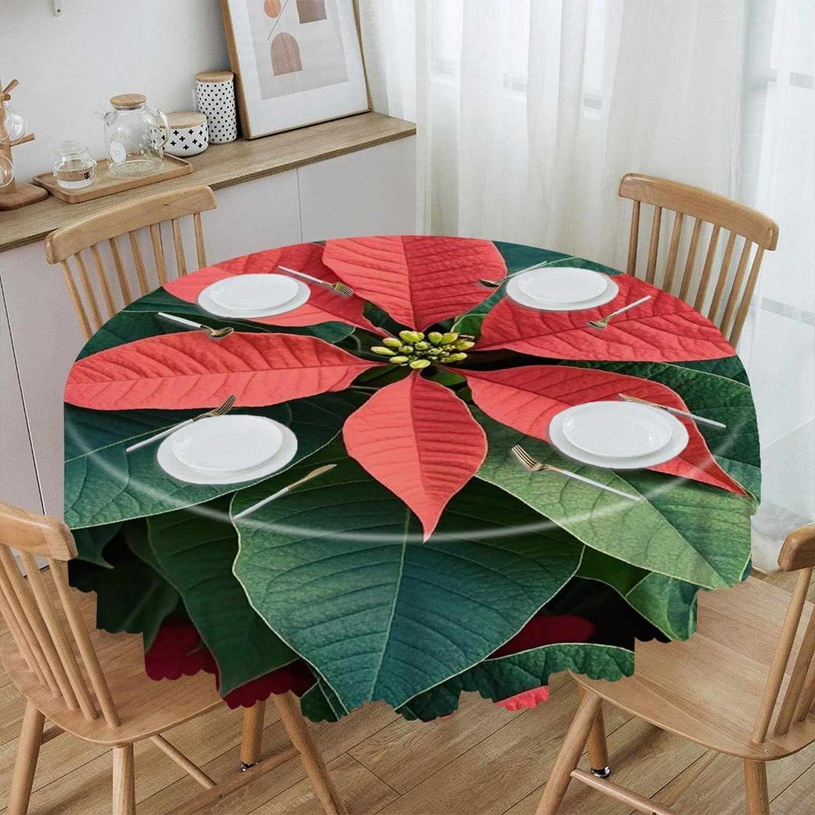 FekiLoot Poinsettia Round Tablecloth 60 Inch Waterproof Heavy Duty Table Cloth Spillproof Washable Table Cover Wrinkle Resistant Tablecloths Decorative Table Cloths