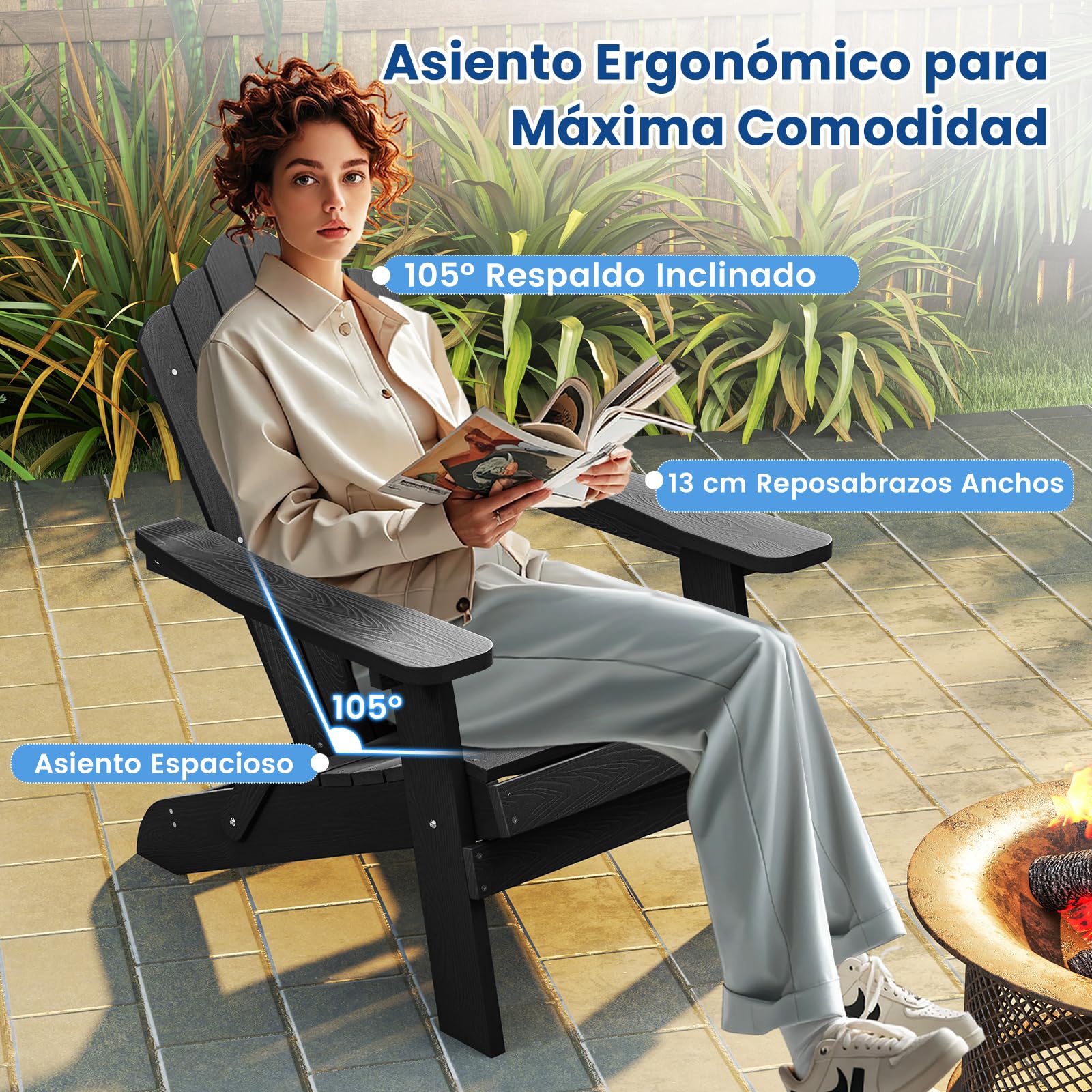 GOPLUS Silla Adirondack Plegable, Silla Exterior de HDPE con Respaldo Inclinado Ergonómico y Reposabrazos Anchos, Asiento Resistente a la Intemperie Carga 180 kg para Jardín Terraza Balcón (Negro)