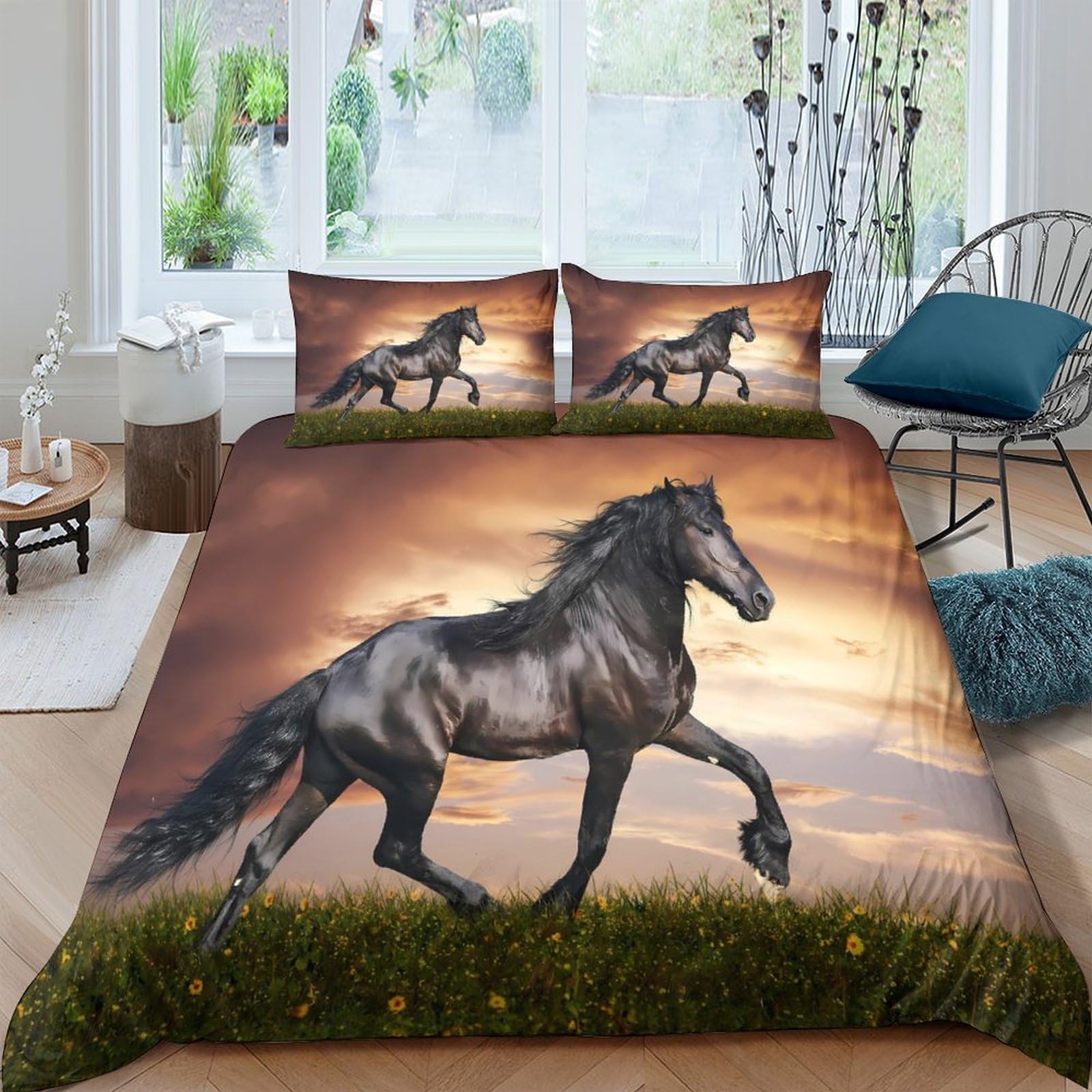 Ctjqhvkz Style-10 3D Printed Black Horse Fitted Sheet Microfiber Soft Sunset Landscape Bed Cover For Bedroom Dorm Mattress Protection Decor Single（135X200cm）