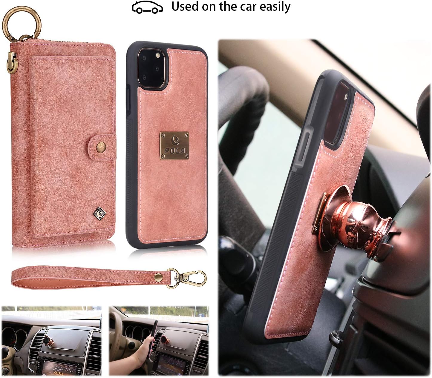 XRPow Wallet Case iPhone 11 Pro Max 6.5Inch [2 in 1] Magnetic Detachable Wallet Case [Vegan Leather] Zipper Clutch Folio Flip Card Solt [Wrist Strap] Purse Protection Back Cover - Rose Gold