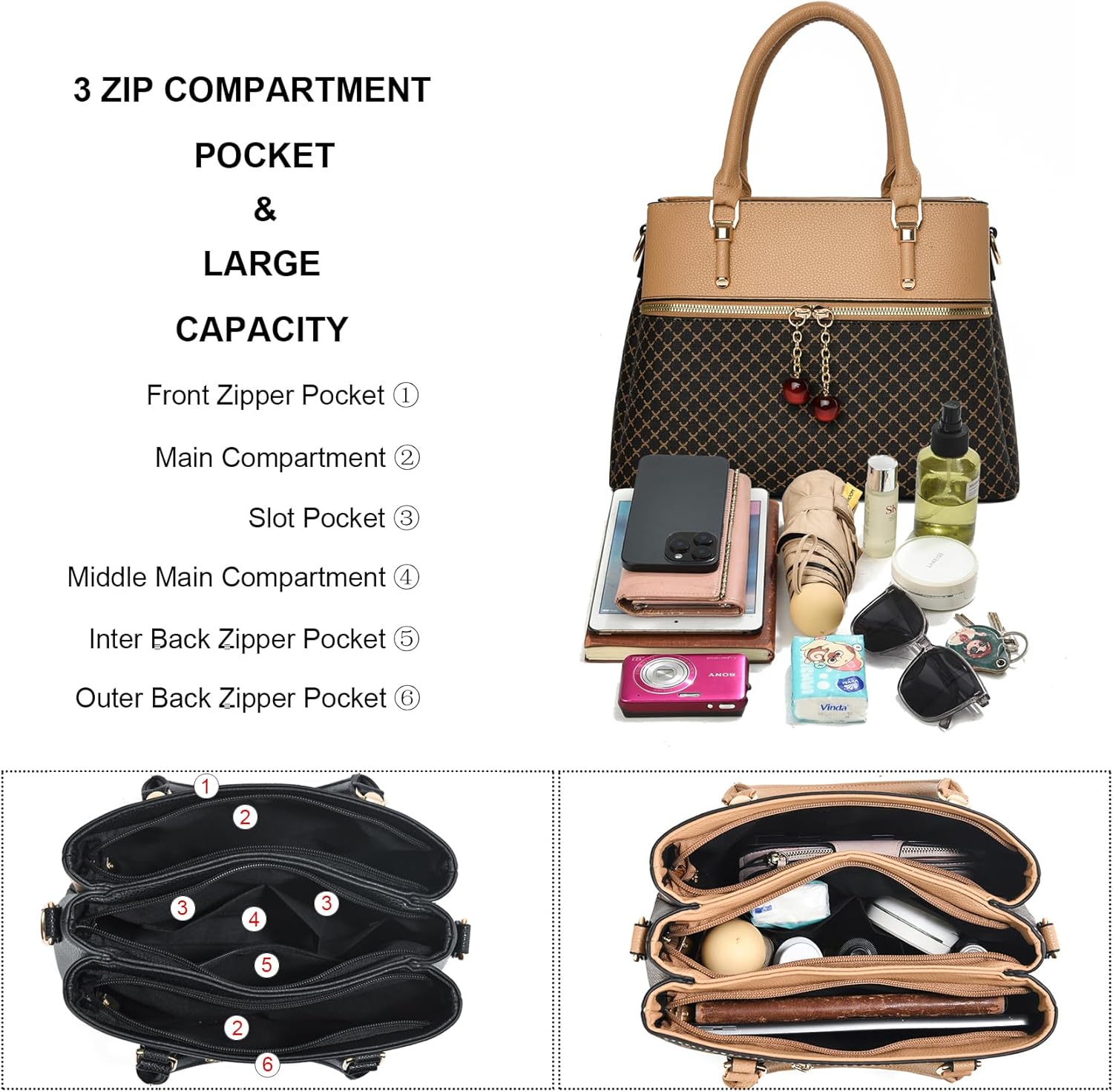 KURGOOL Dual-tone Purse Handbags for Women, 3 Zip Compartments Tote Bag, Trendy Leather Designer Shoulder Satchel Purses