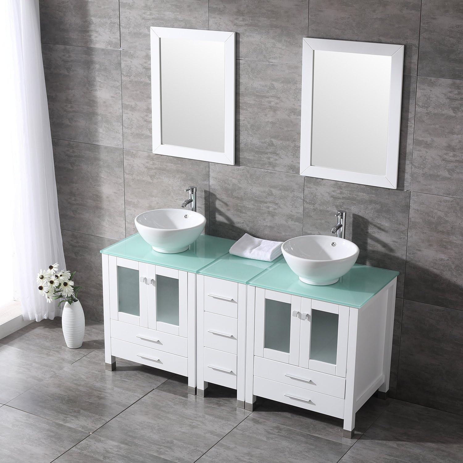 wonline BATHJOY 60" White Double Wood Bathroom Vanity Cabinet and Ceramic Sink w/Mirror Combo Wash Basin with Faucet