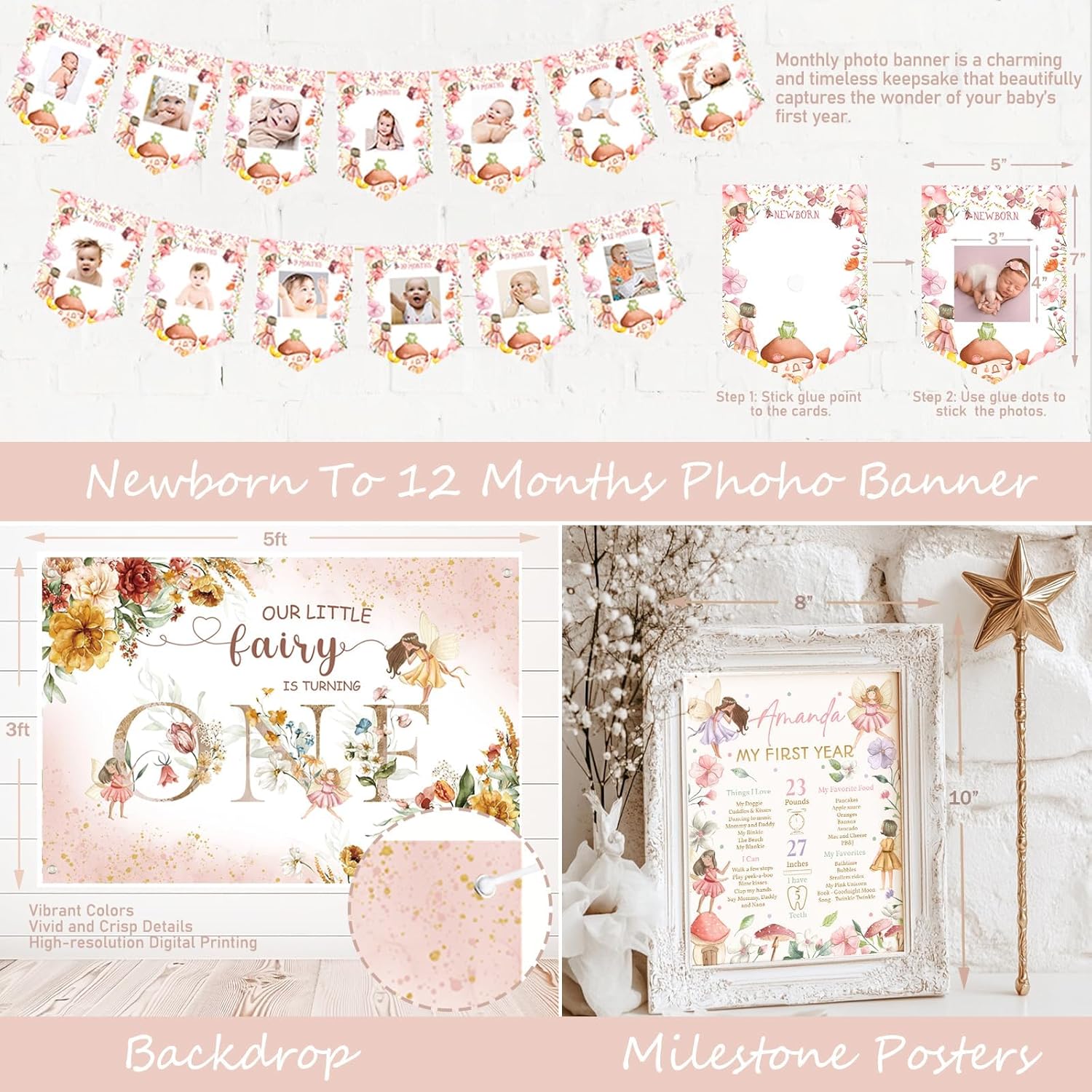 Fairy First Birthday Decorations, Floral Enchanted Themed 1st Birthday Party Supplies Our Little Fairy is Turning One Backdrop Balloon Banner Cake Topper Box Crown Poster for One Year Old Girl - Image 5