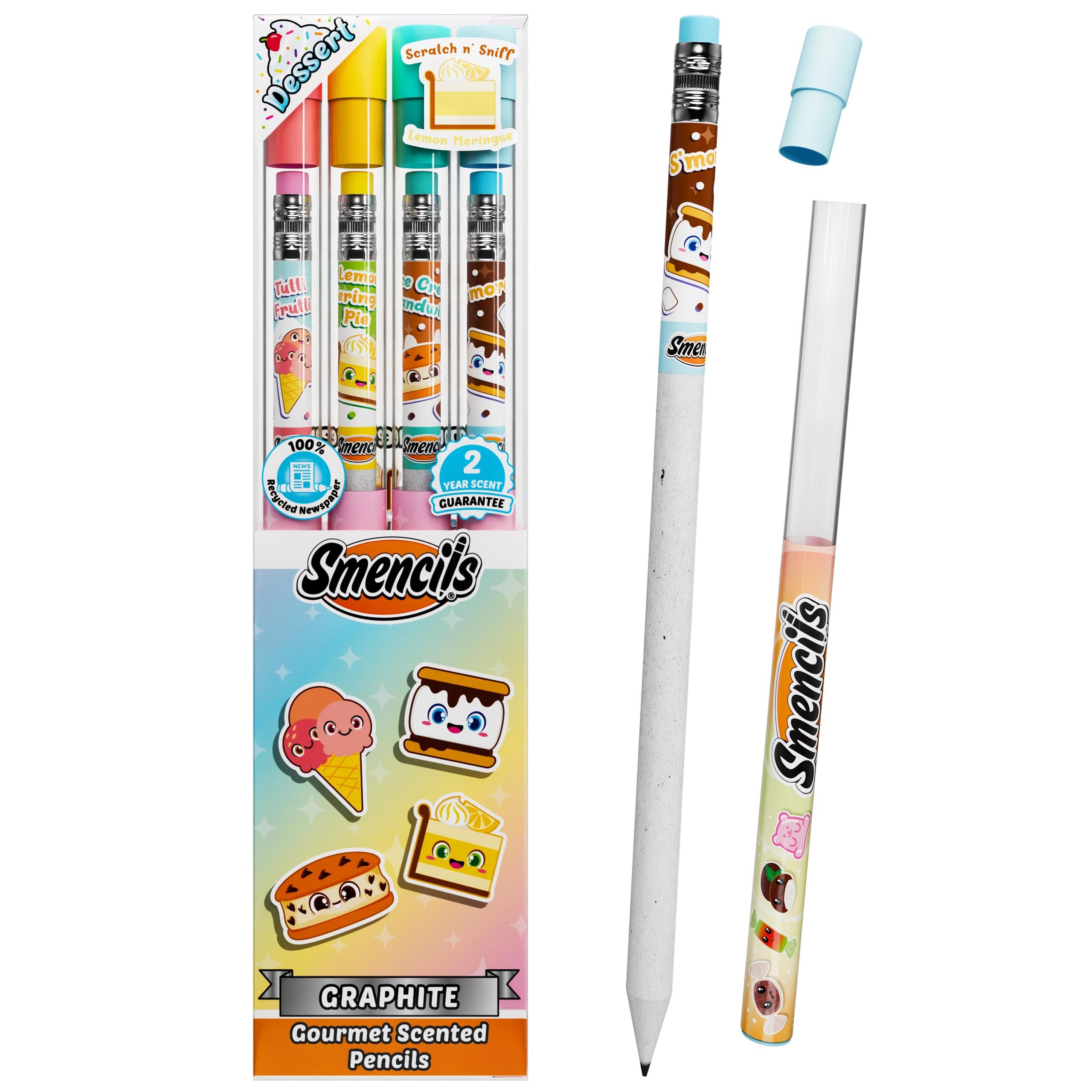 Smencils Dessert Scented Pencils – HB #2 Graphite Pencils Made from Recycled Newspapers, 4 Pack, Long-Lasting Gourmet Scents, Fun School Supplies &