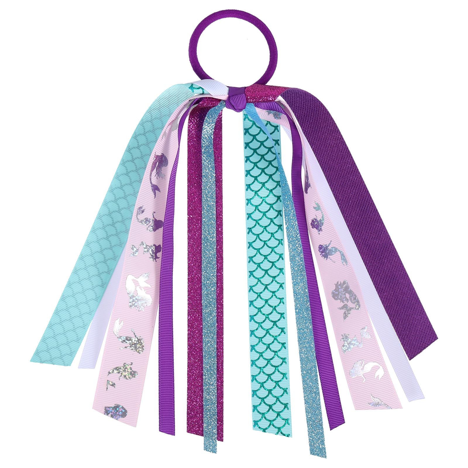 8.7" Mermaid Ponytail Streamer Glitter Purple Blue Ribbon Bow Pony Holder Elastic Hair Tie Band for Girls Women Kids Mermaid Birthday Hair Accessories