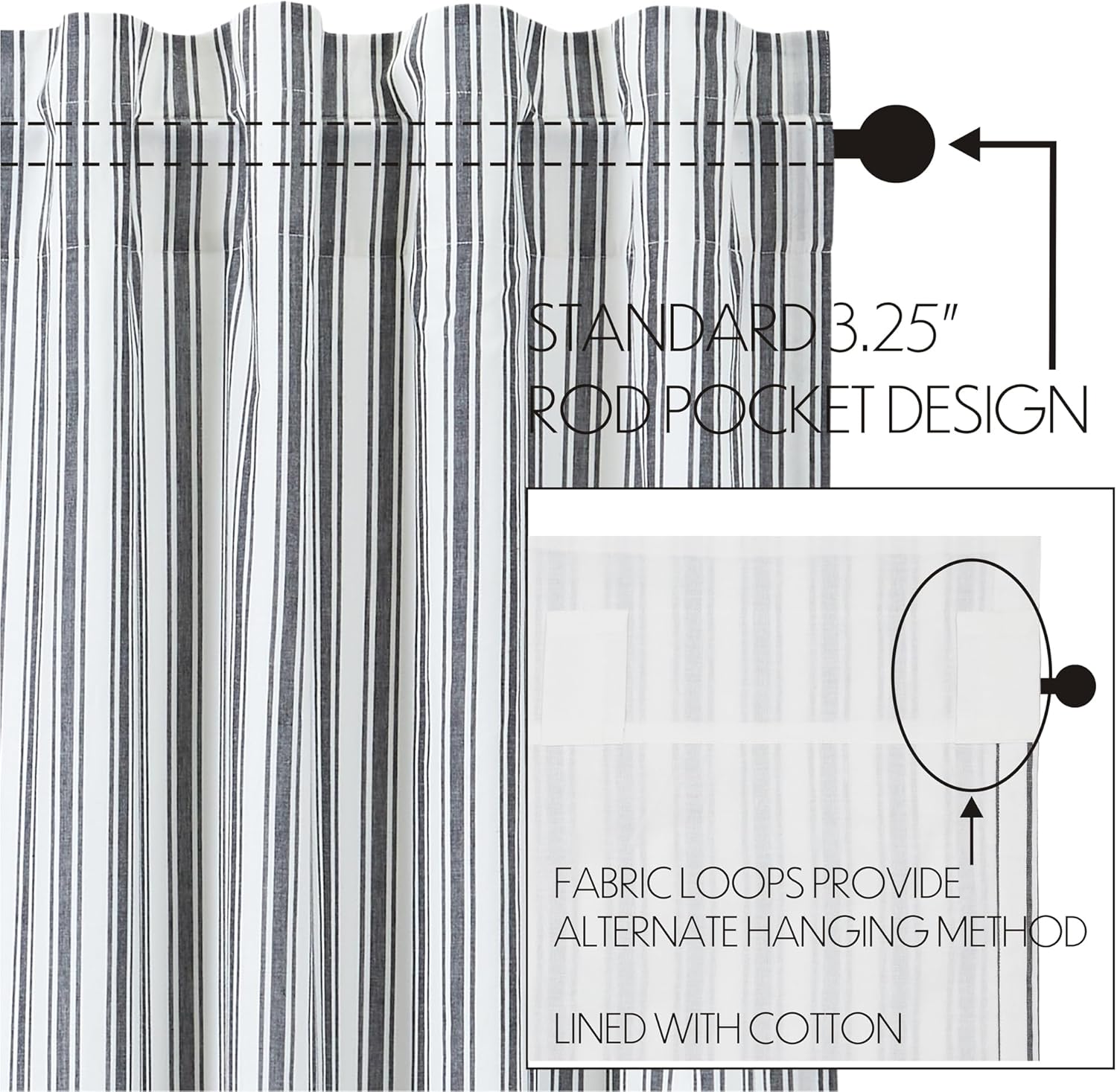 VHC Brands, Sawyer Mill Ticking Stripe Swag, Black, 36x36x16, Set of 2