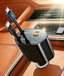 2026 MimAuto 4 in 1 Retractable Car Charger, Car Charger USB C Fast Charger, Car Phone Charger for iPhone 17/16/15/14/13, Samsungs, Tablets, Dash cams. Black Car Accessories for Men Women