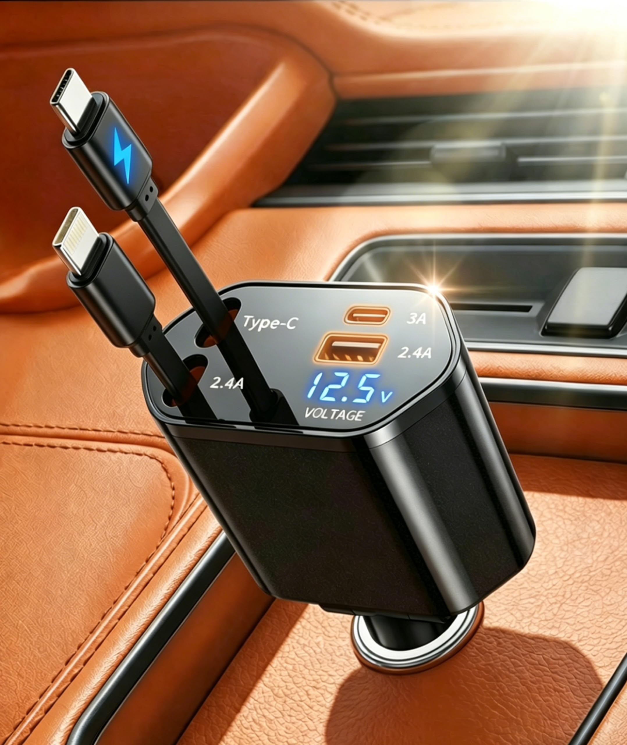 2026 MimAuto 4 in 1 Retractable Car Charger, Car Charger USB C Fast Charger, Car Phone Charger for iPhone 17/16/15/14/13, Samsungs, Tablets, Dash cams. Black Car Accessories for Men Women - 1