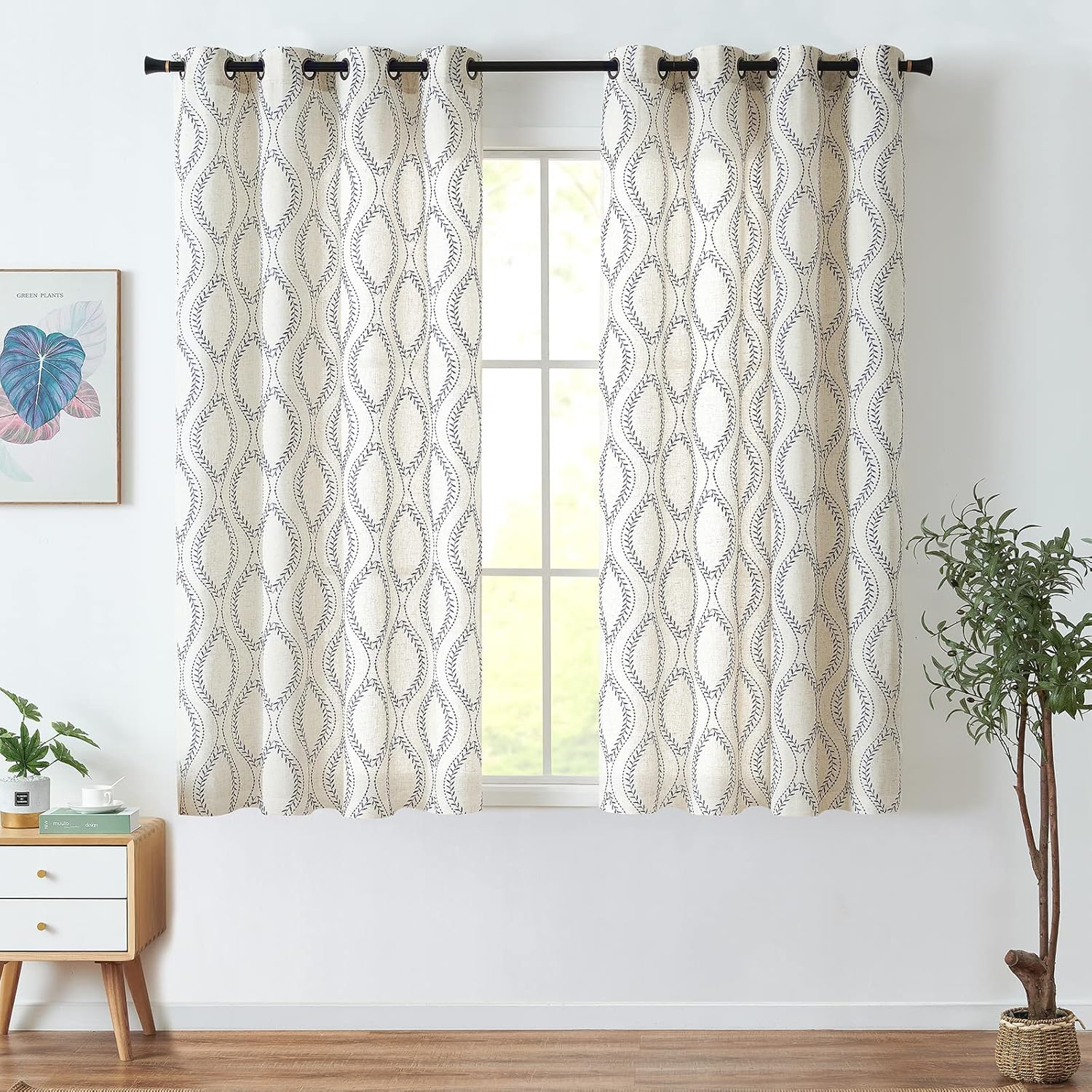 jinchan Boho Linen Blend Curtains Beige Farmhouse Curtains 63 Inches Long Blue Embroidered Leaf Living Room Ogee Geometry Drapes Light Filtering Grommet Country Drapes 2 Panels Blue on Flax