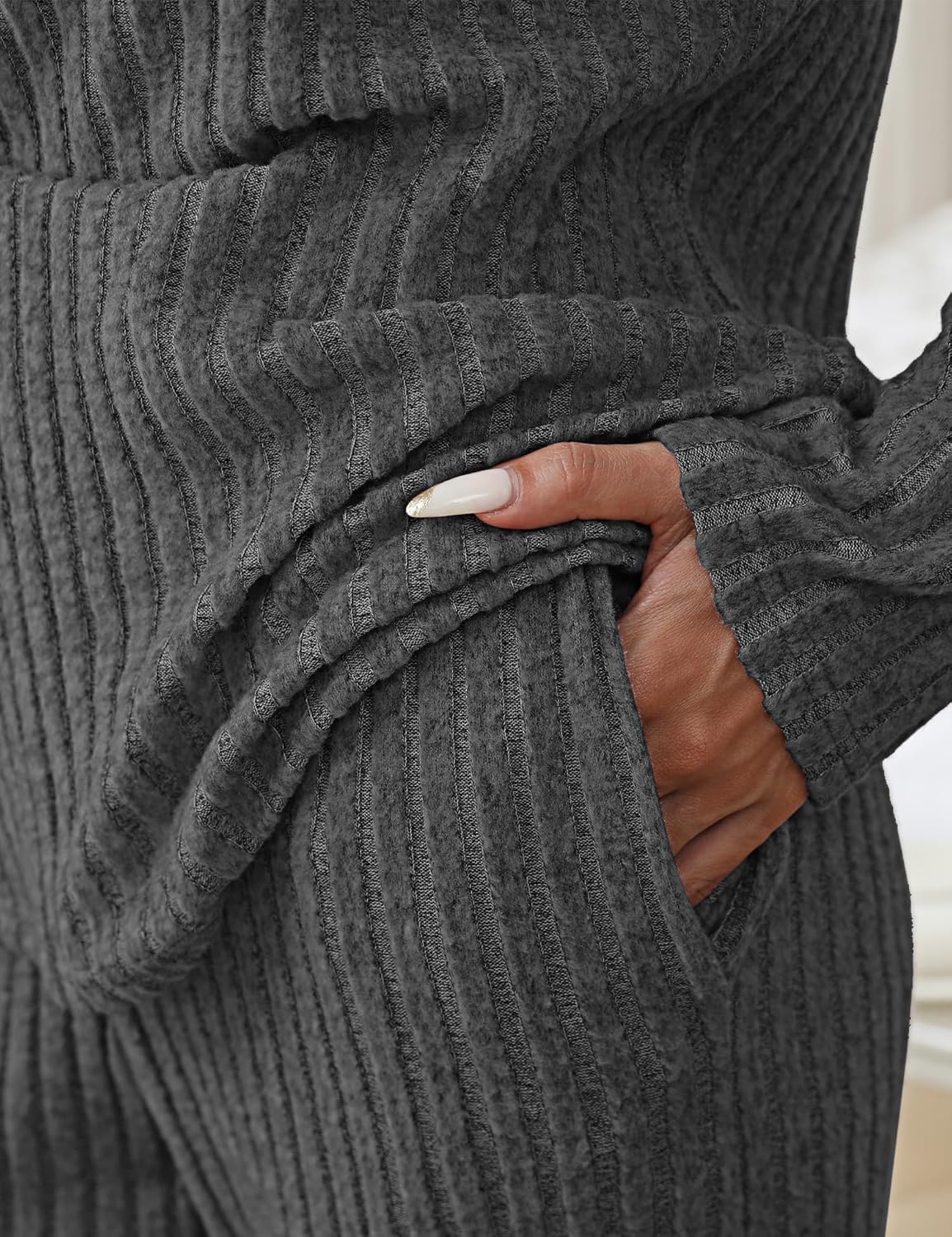 Women's Ribbed Knit Pajama Set Long Sleeve 2 Piece Loungewear Outfits Soft Pj Clothing Set with Pockets - Image 2