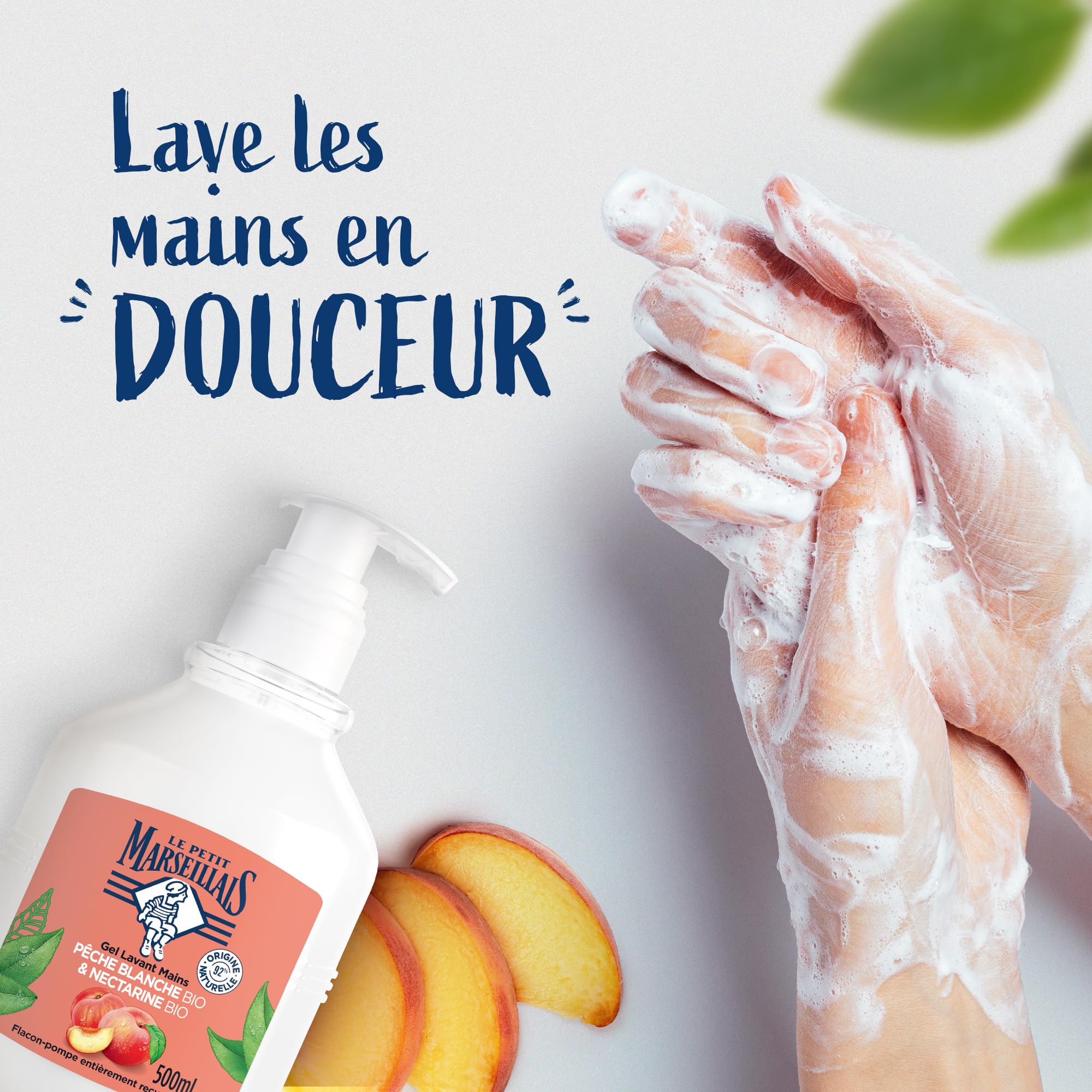 Le Petit Marseillais – Gel Lavant Mains Pêche Blanche BIO & Nectarine BIO (flacon-pompe de 500 ml) – Savon liquide avec 92 % d'ingrédients d'origine naturelle – pH neutre pour la peau